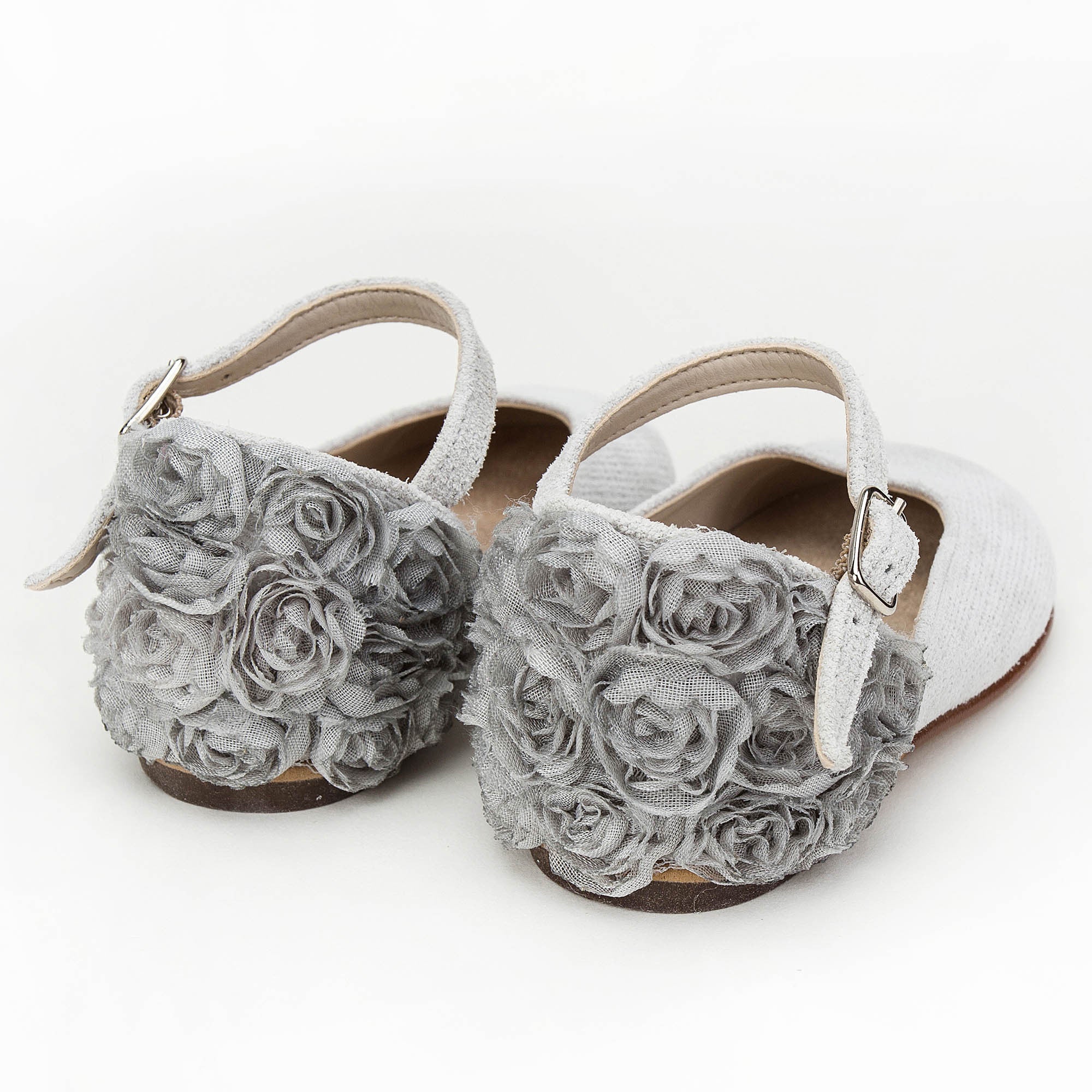 Girls Grey Chiffon Flowers Embellished Heel Leather Ballerinas