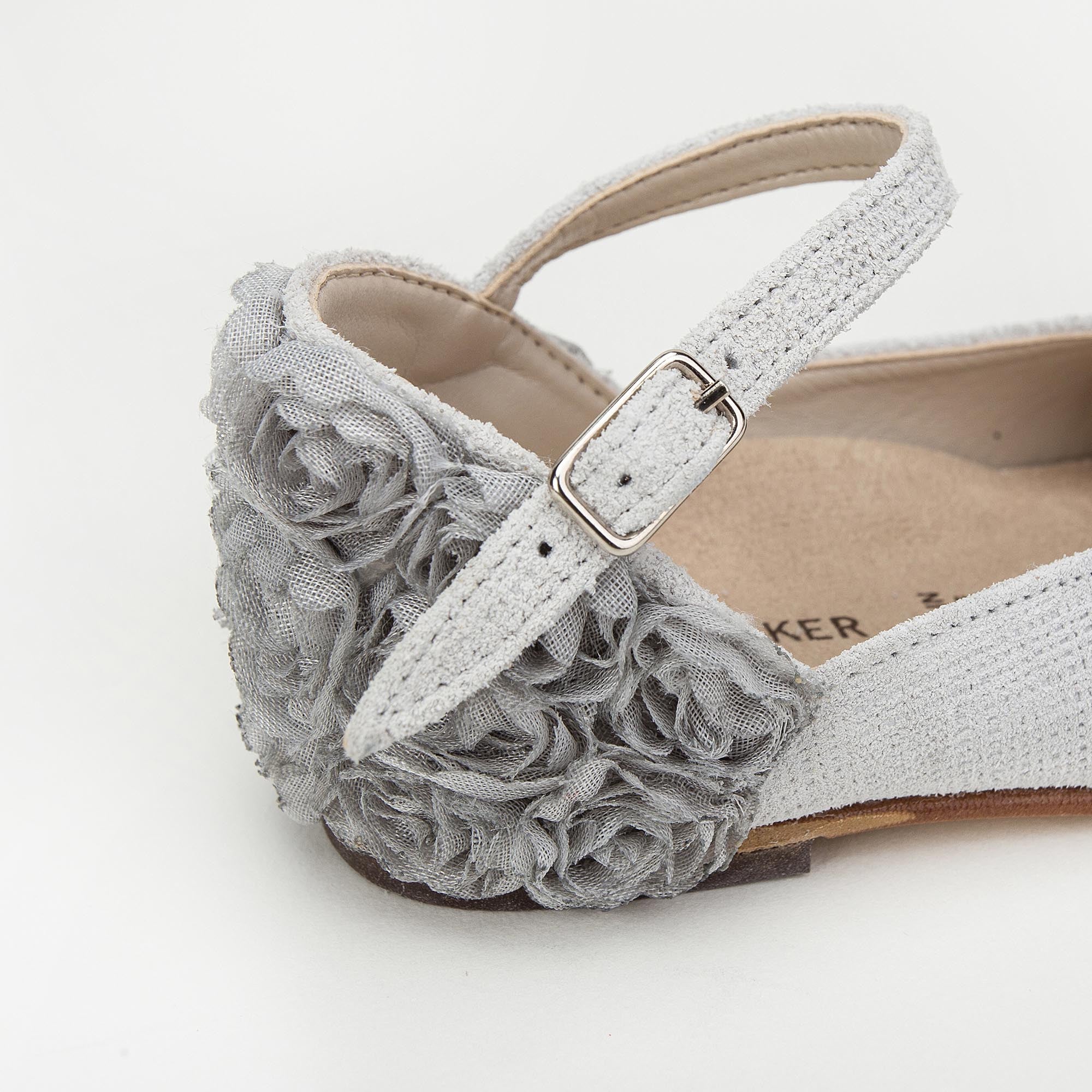 Girls Grey Chiffon Flowers Embellished Heel Leather Ballerinas