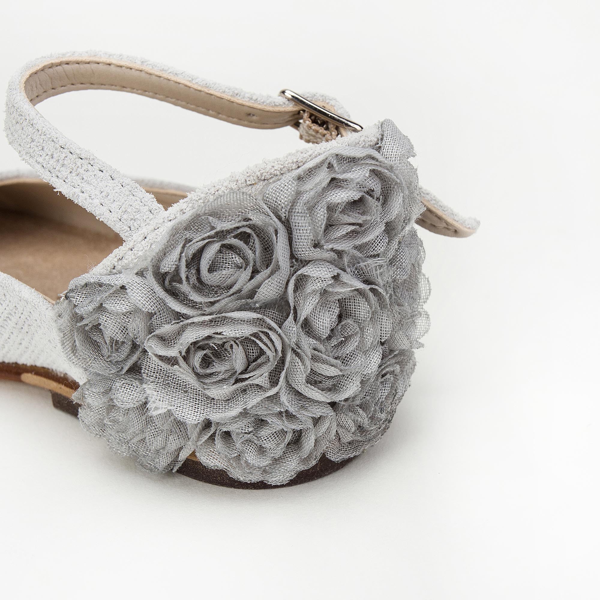 Girls Grey Chiffon Flowers Embellished Heel Leather Ballerinas