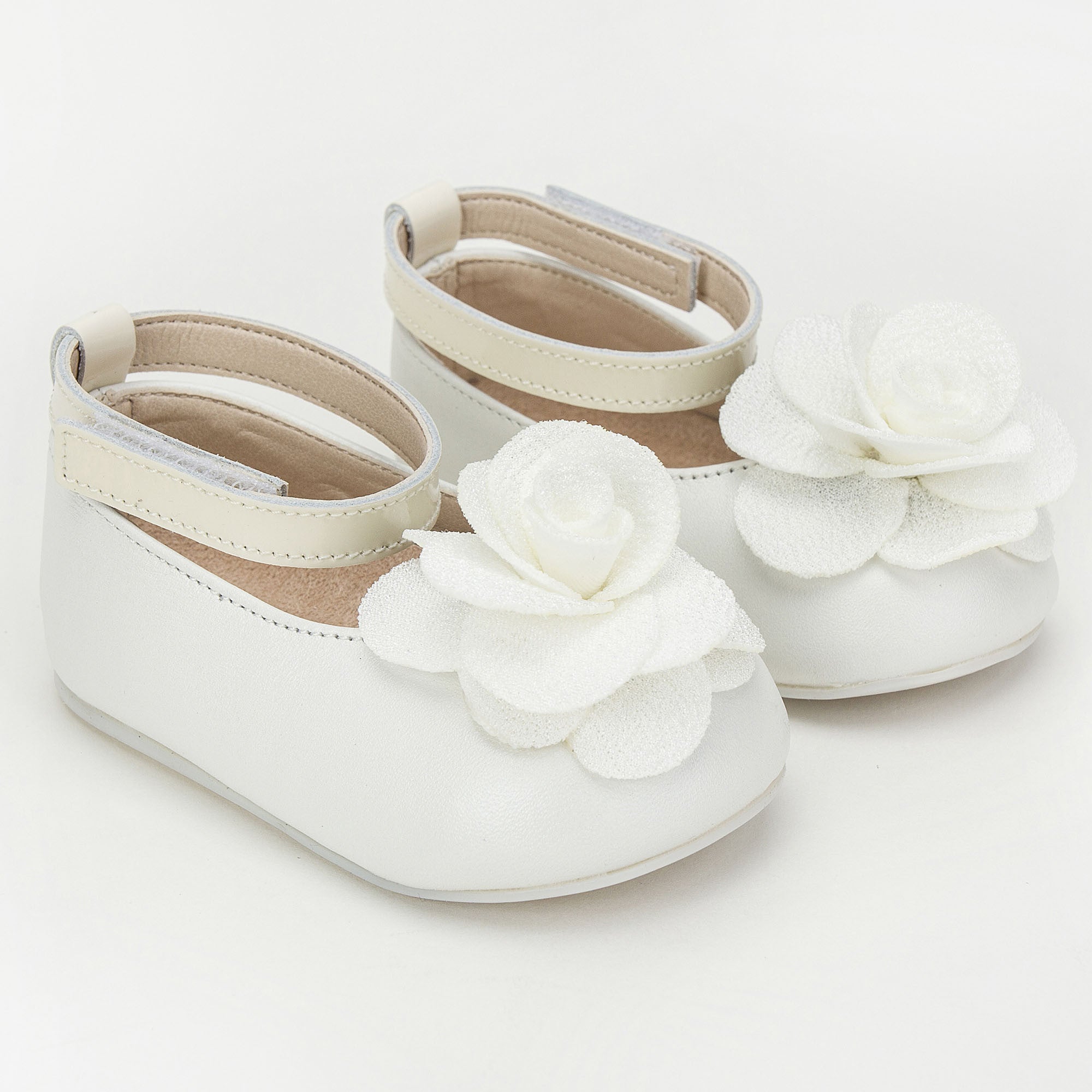 Girls Ivory Suede Ballerinas With Black Patch Camelia Flower Embellished