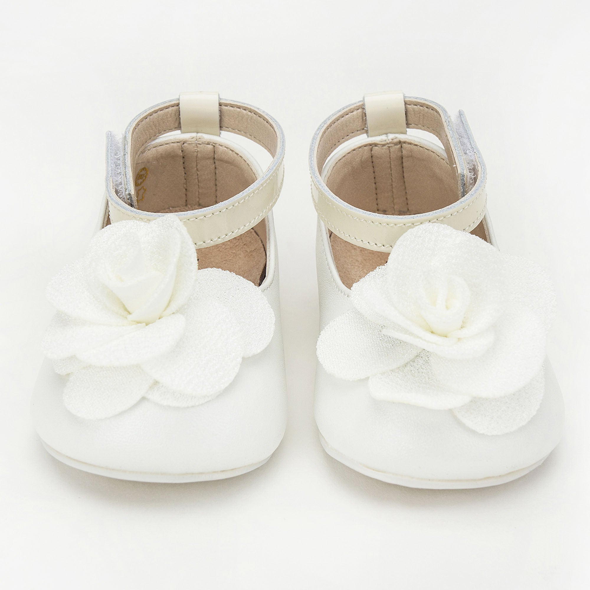Girls Ivory Suede Ballerinas With Black Patch Camelia Flower Embellished