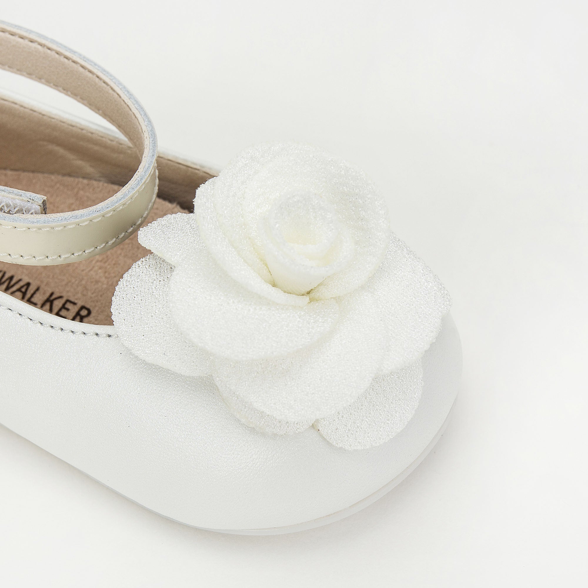 Girls Ivory Suede Ballerinas With Black Patch Camelia Flower Embellished