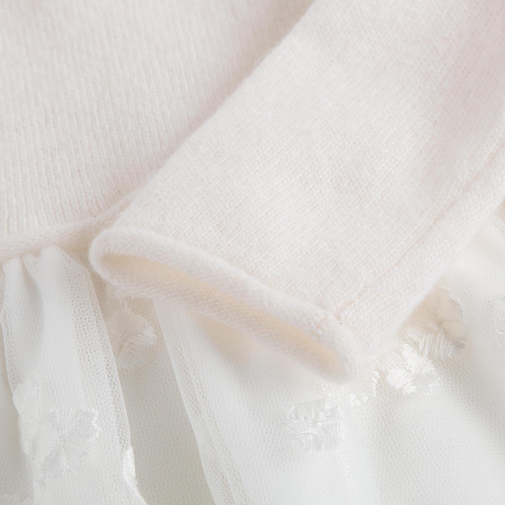 Baby Girls Milk White Wool Dress With White Patch Flower Trims