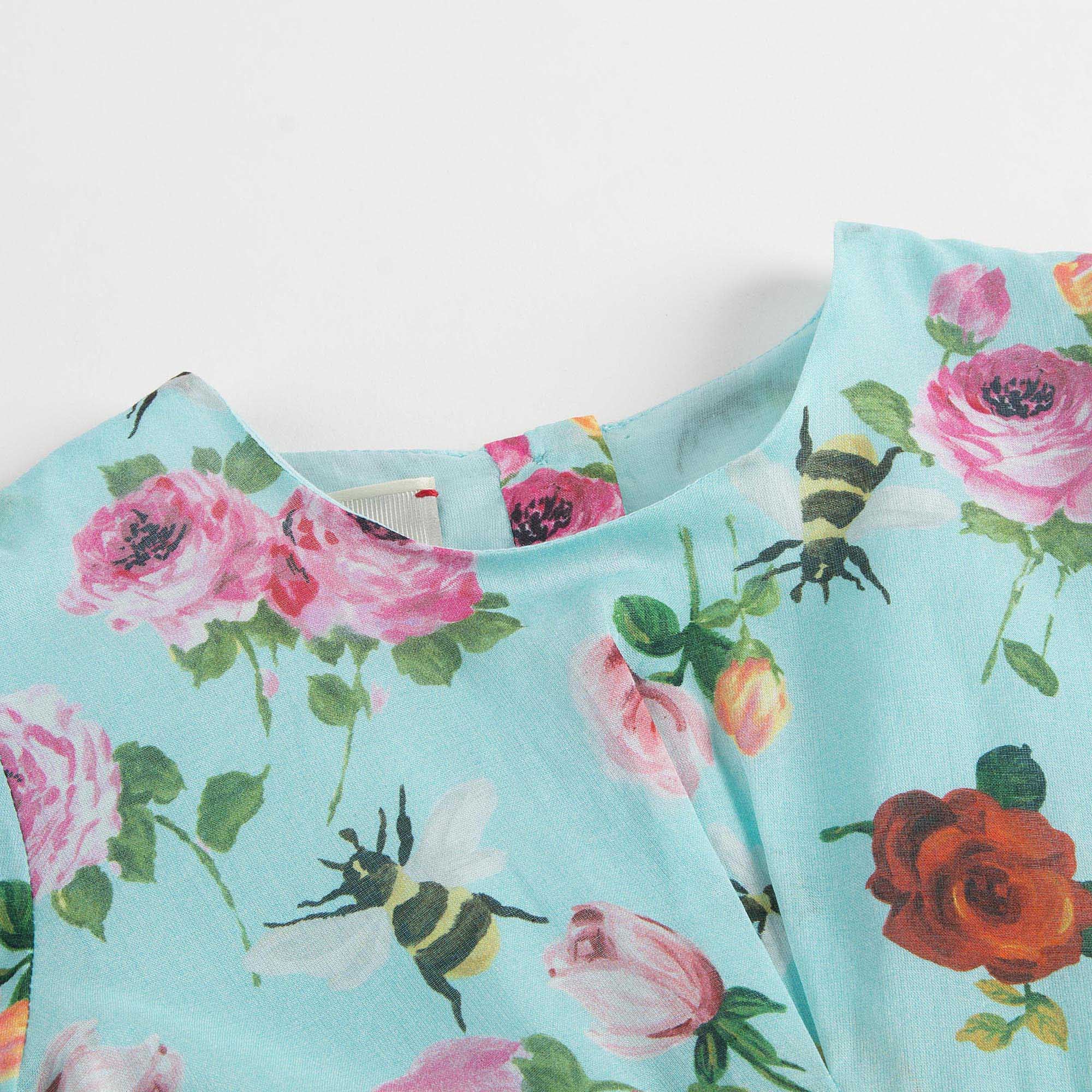 Baby Girls Blue Cotton Dress With Multicolor Flower Print Trims