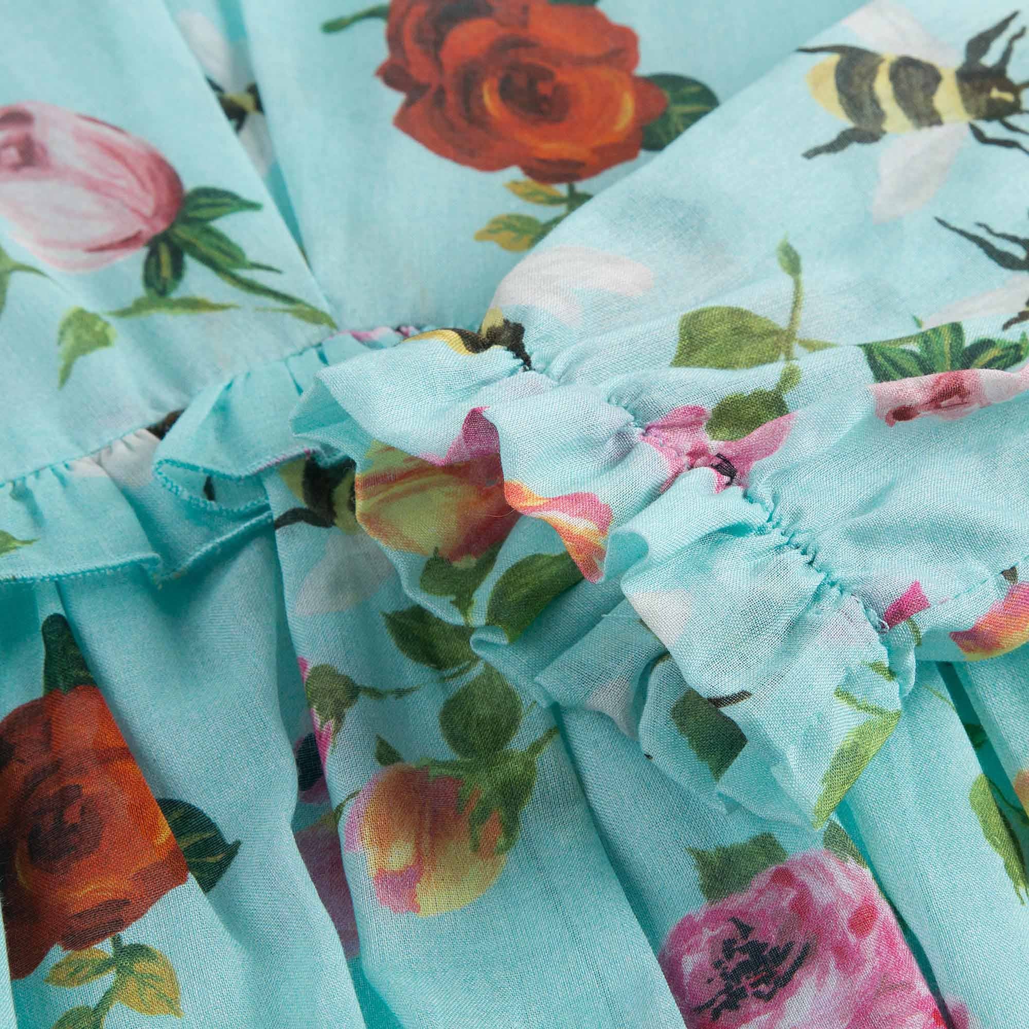 Baby Girls Blue Cotton Dress With Multicolor Flower Print Trims