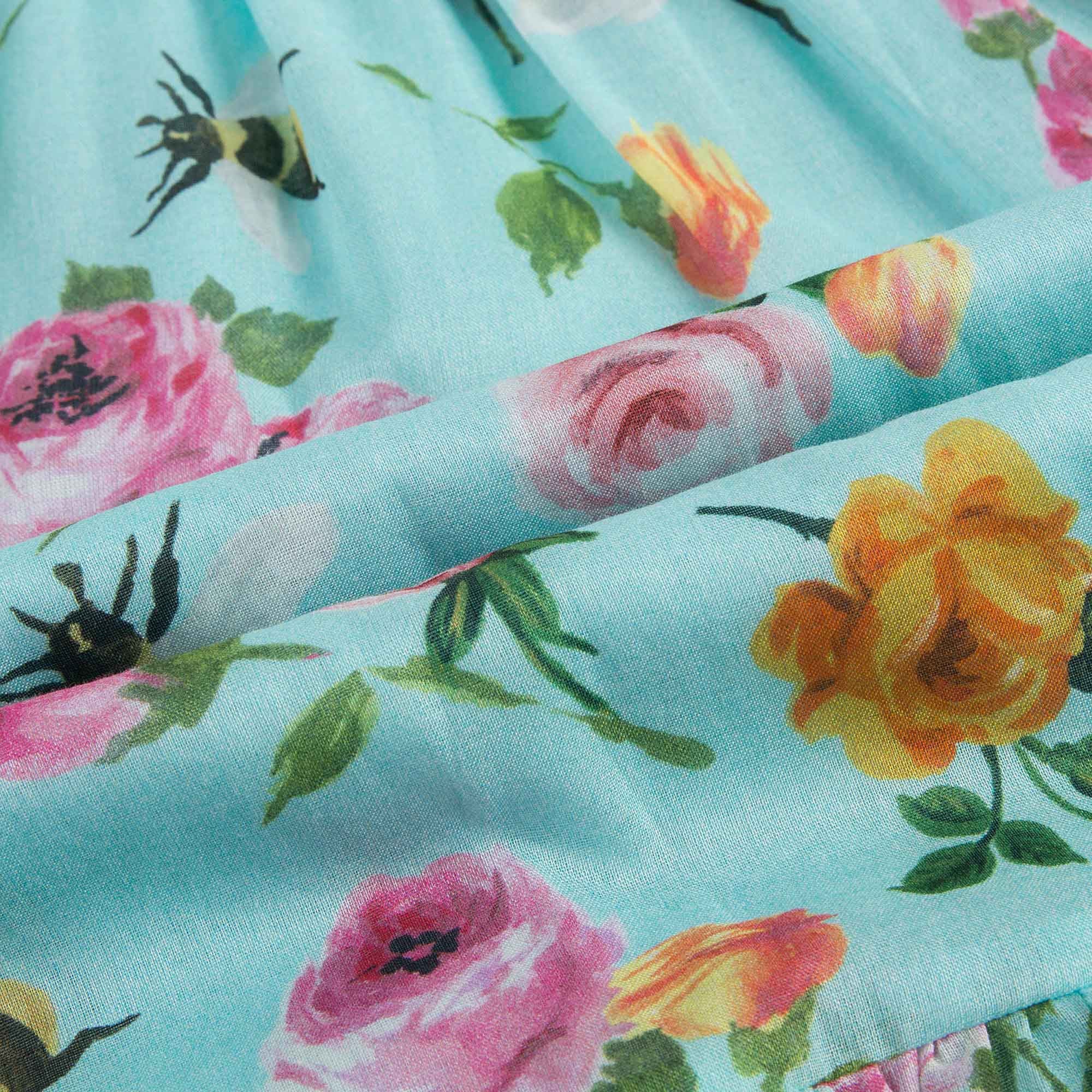Baby Girls Blue Cotton Dress With Multicolor Flower Print Trims