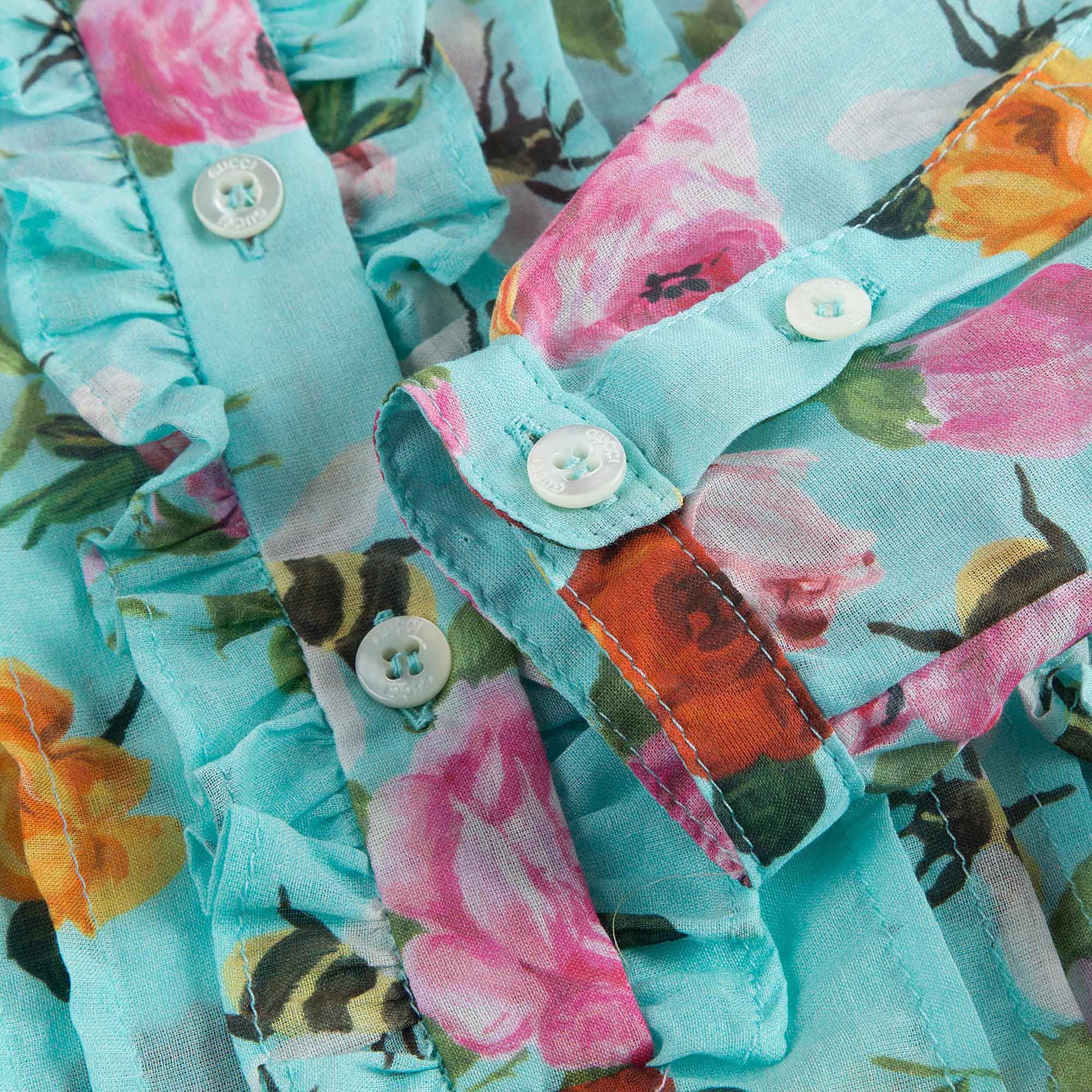 Girls Blue Cotton Dress With Multicolor Flower Print Trims
