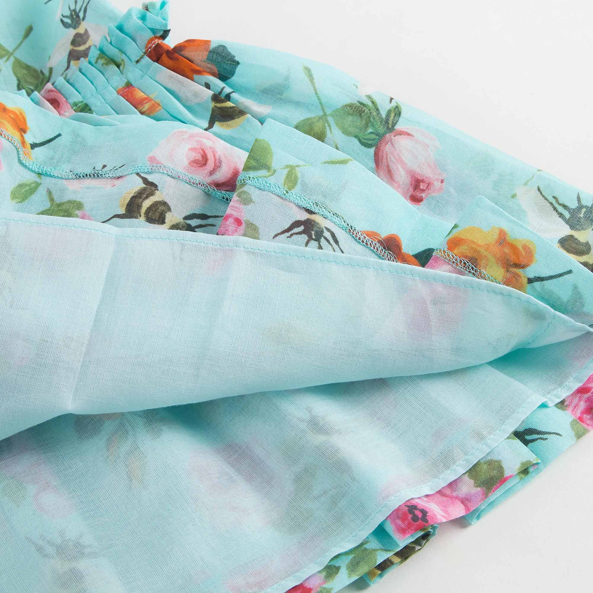 Girls Blue Cotton Dress With Multicolor Flower Print Trims