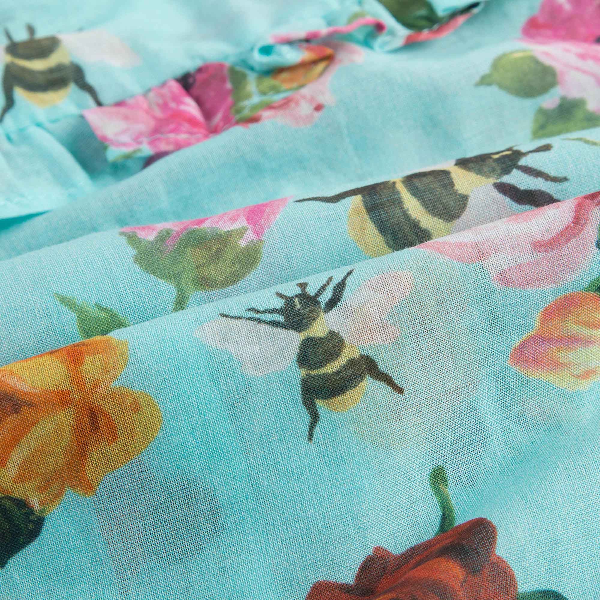 Girls Blue Cotton Dress With Multicolor Flower Print Trims