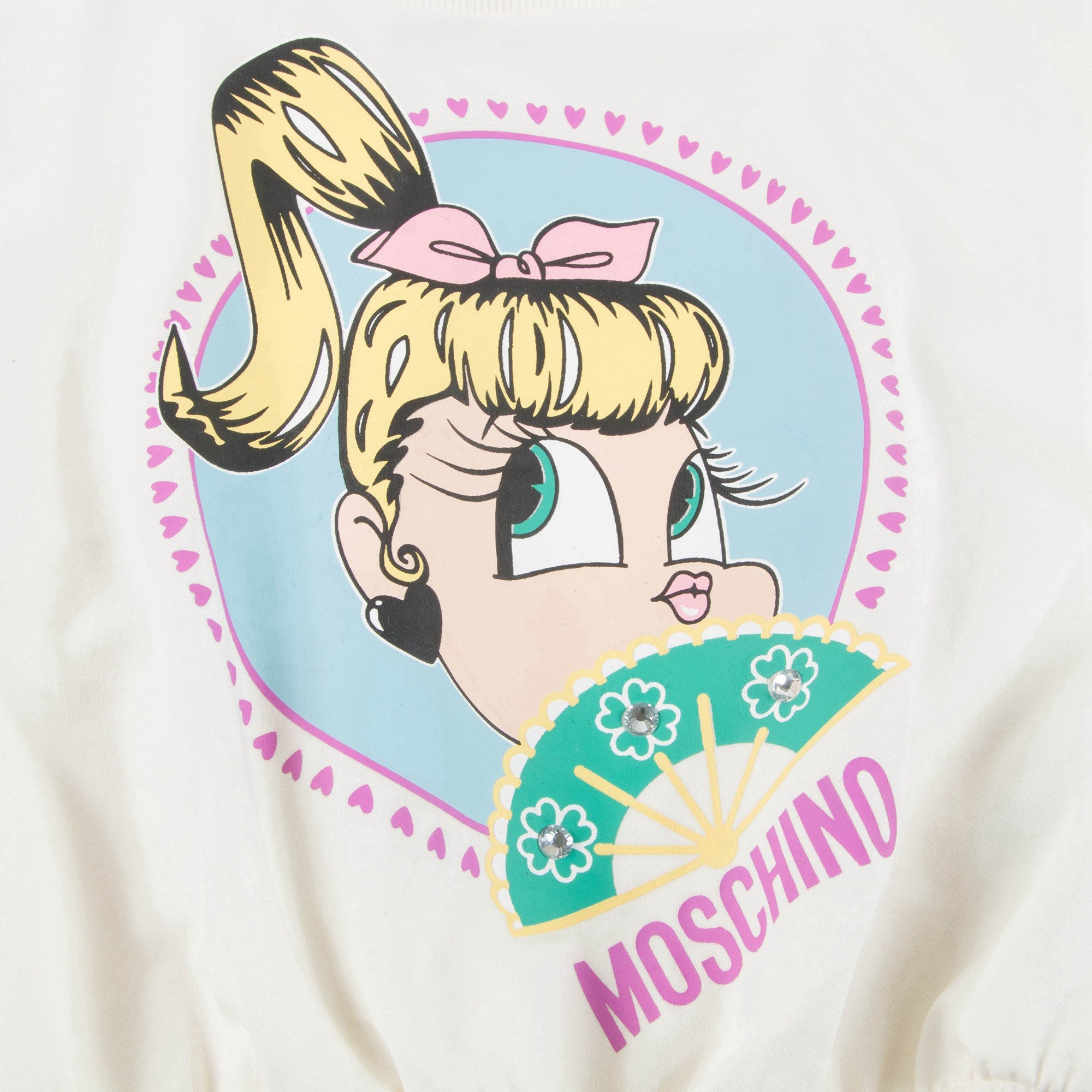 Girls White Cotton Printed Plush Sweater