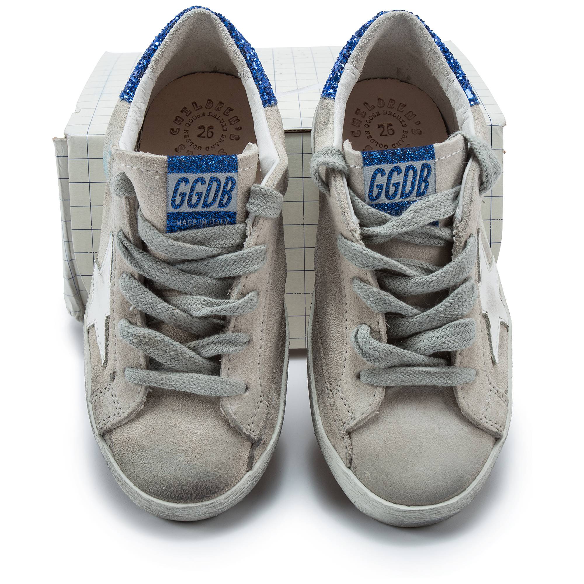 Girls White Suede Blue Glitter Cow Leather Sneakers