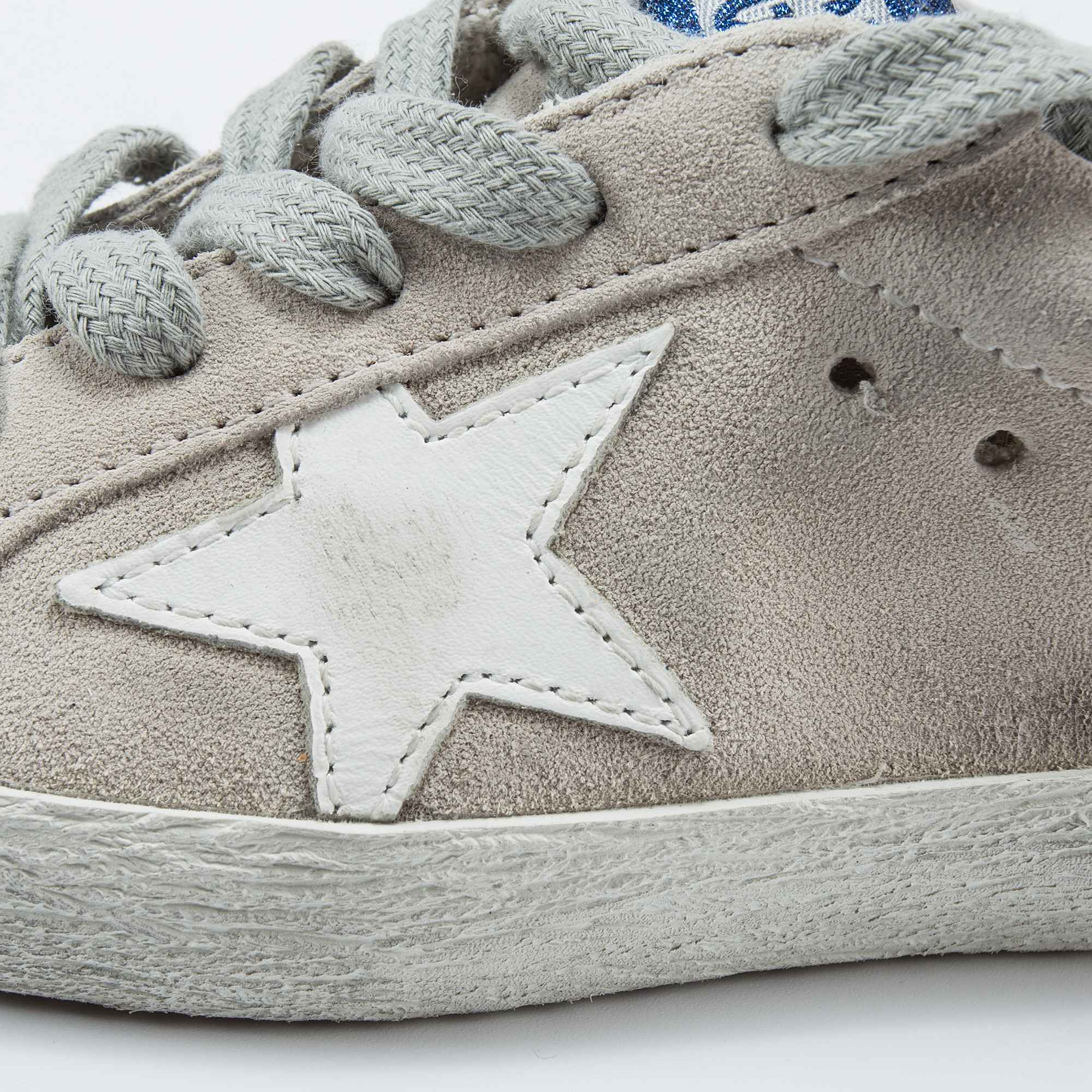 Girls White Suede Blue Glitter Cow Leather Sneakers
