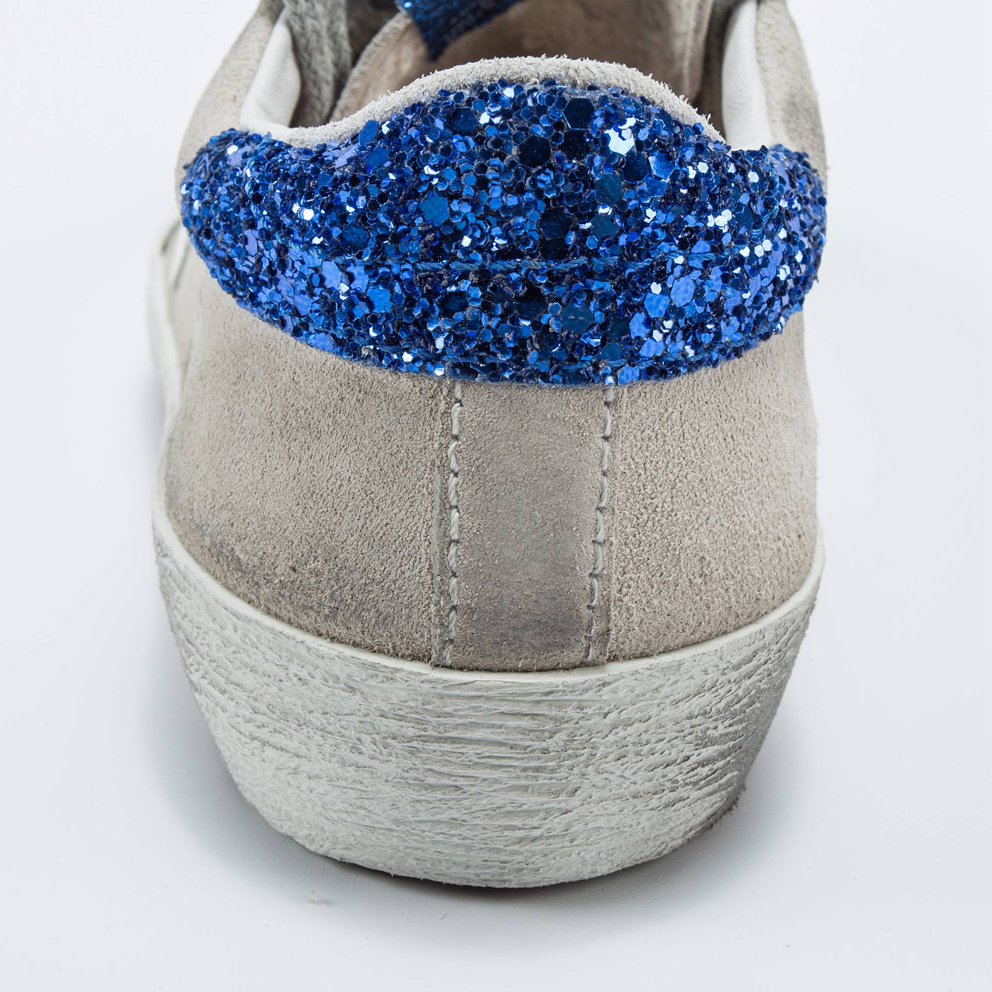 Girls White Suede Blue Glitter Cow Leather Sneakers