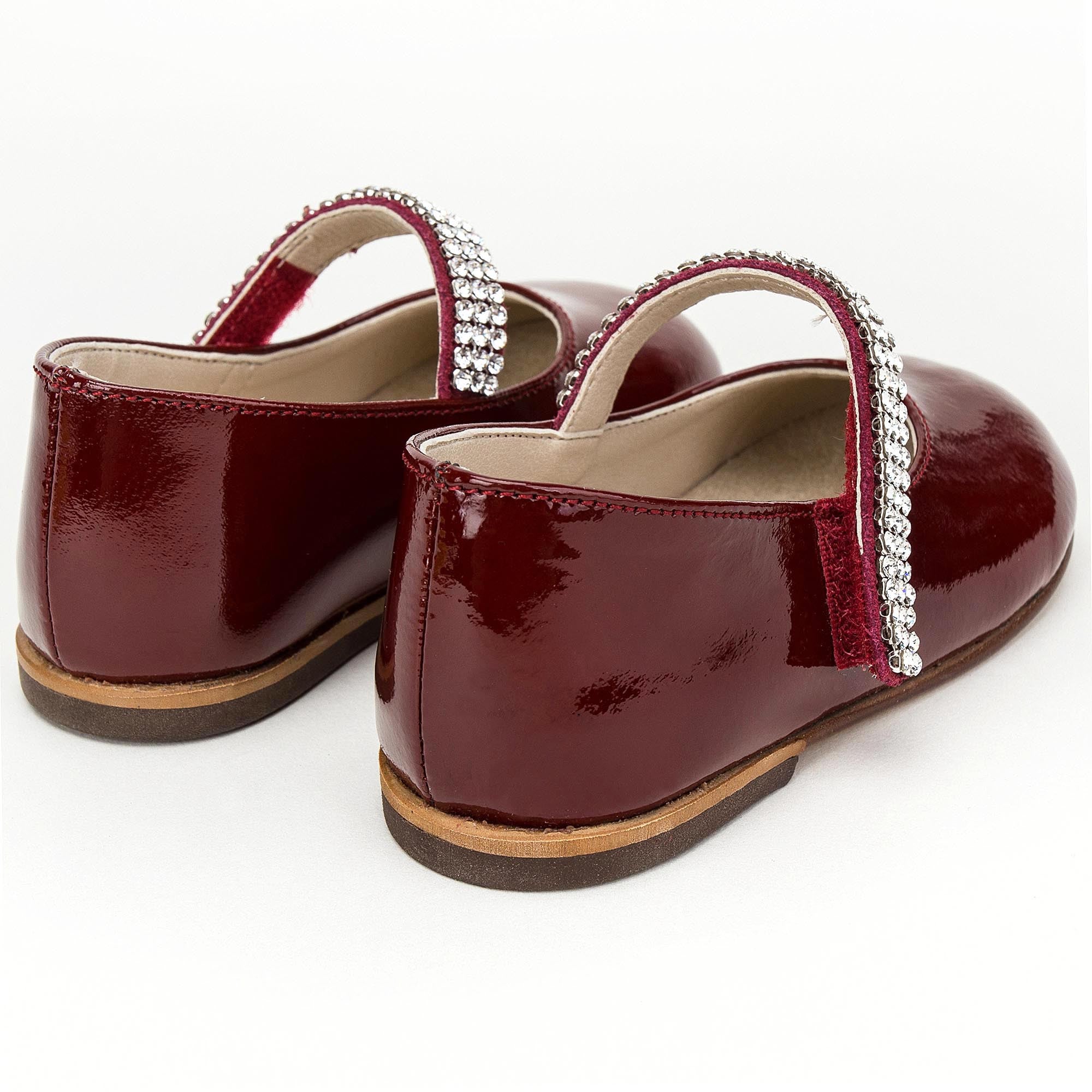 Girls Dark Red Leather Shoes With White Diamond Trims