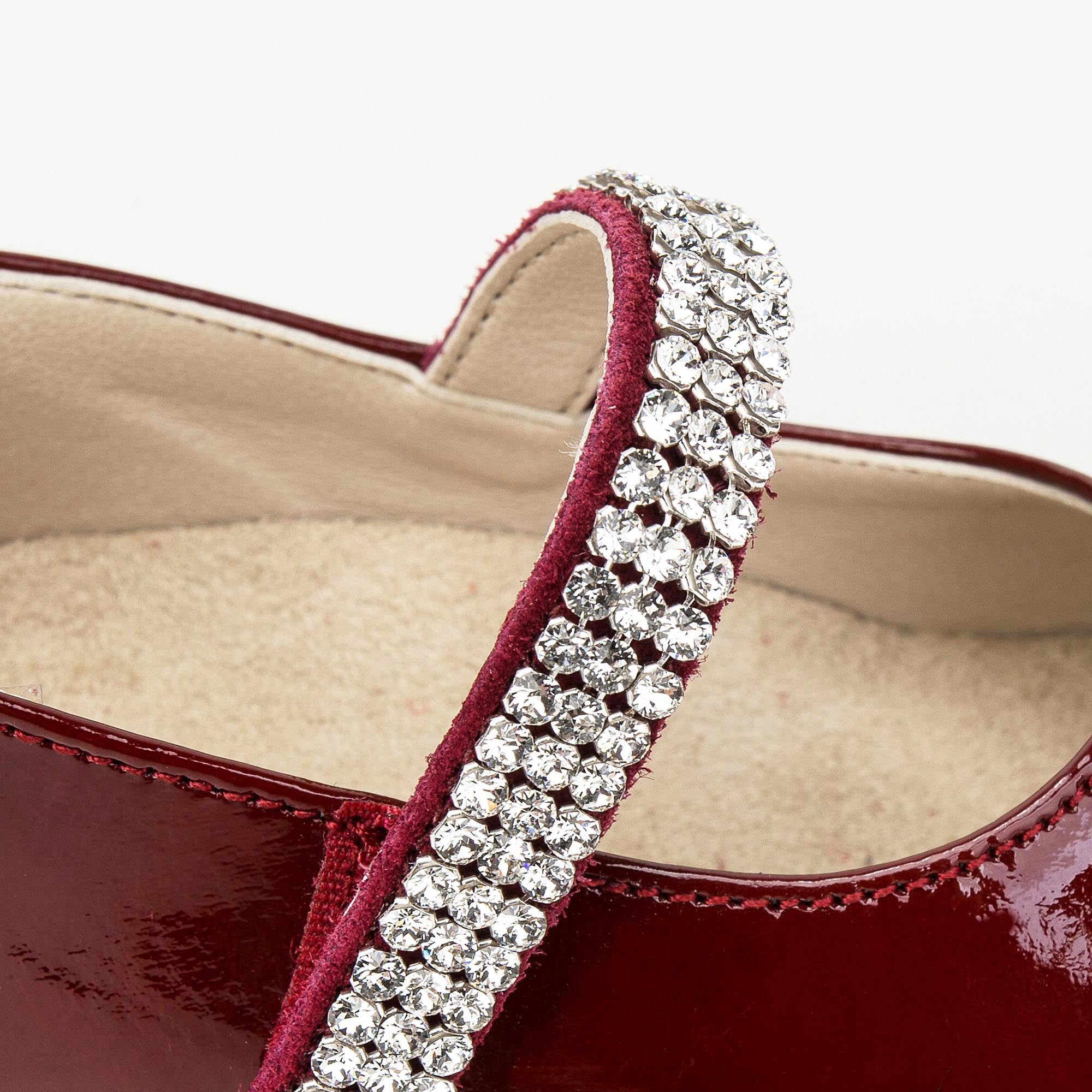 Girls Dark Red Leather Shoes With White Diamond Trims