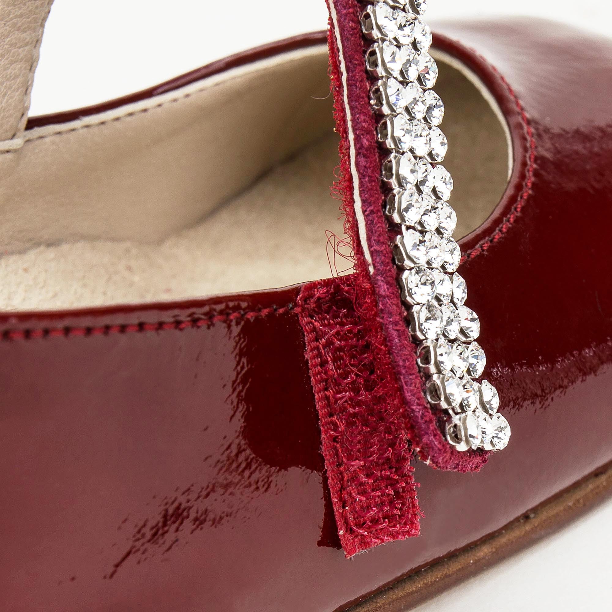 Girls Dark Red Leather Shoes With White Diamond Trims