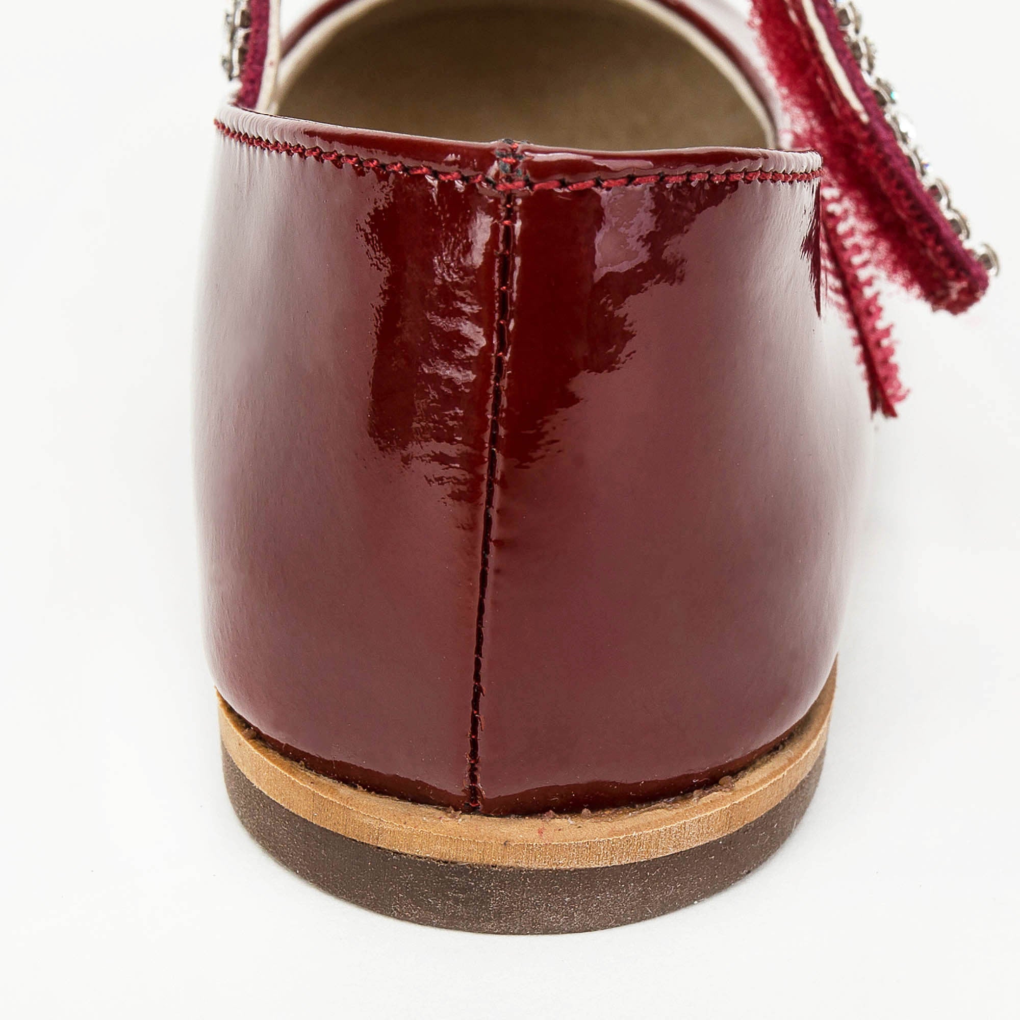 Girls Dark Red Leather Shoes With White Diamond Trims