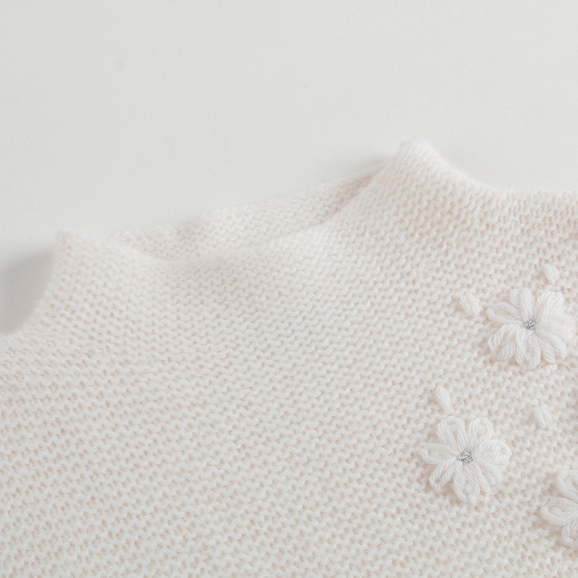 Girls Milk White Wool Sweater With Silver Patch Trims