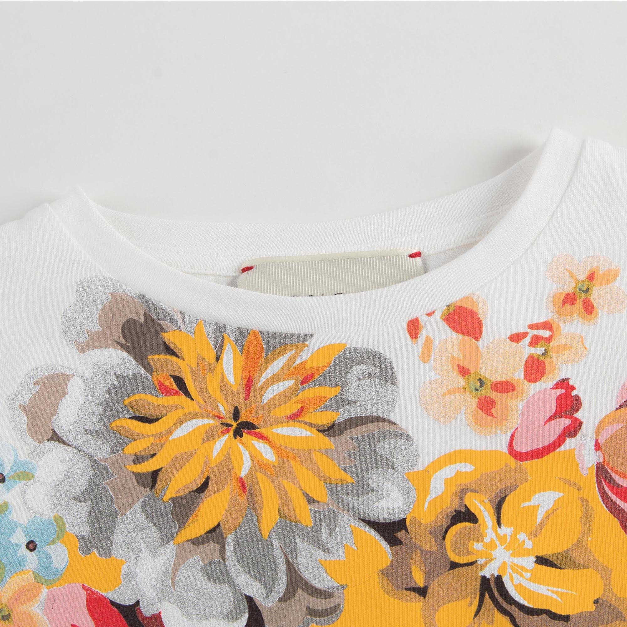 Girls White Cat & Flower Printed Trims Cotton T-Shirt