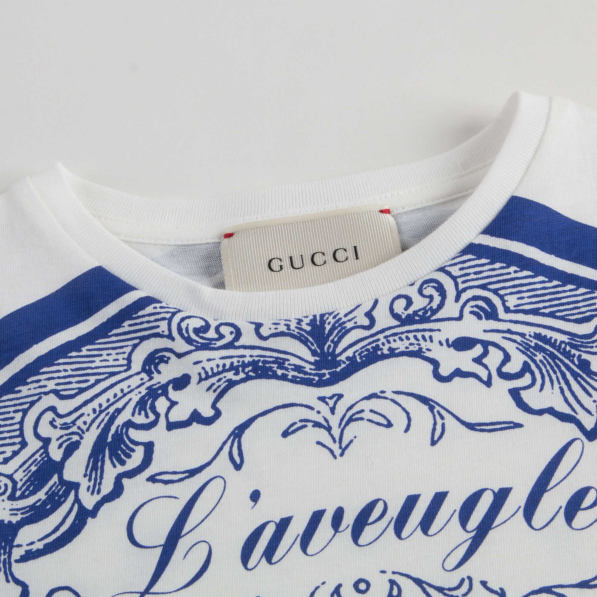 Girls White & Blue Cotton T-Shirt