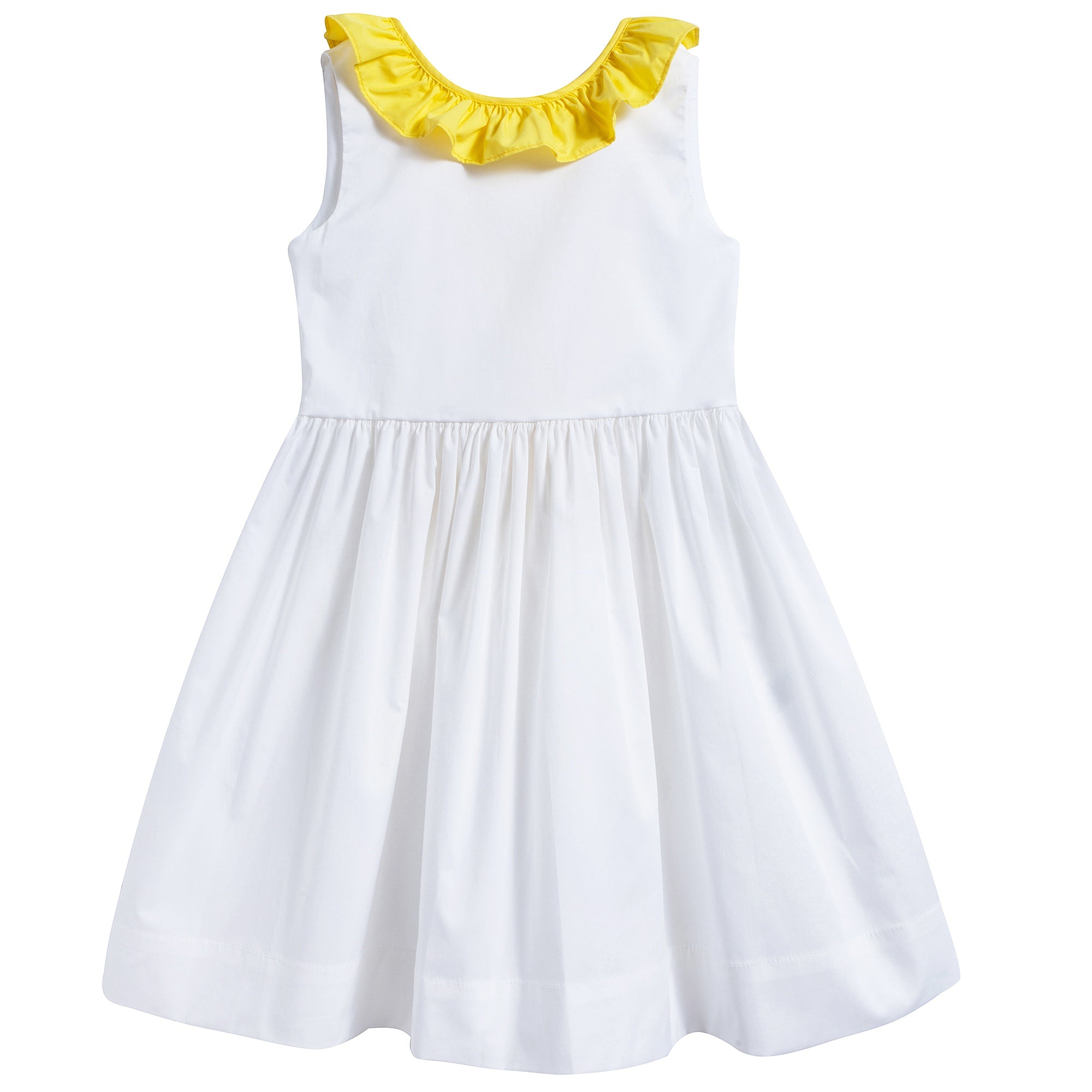 Girls White & Yellow Broom Cotton Sleeveless  Dress