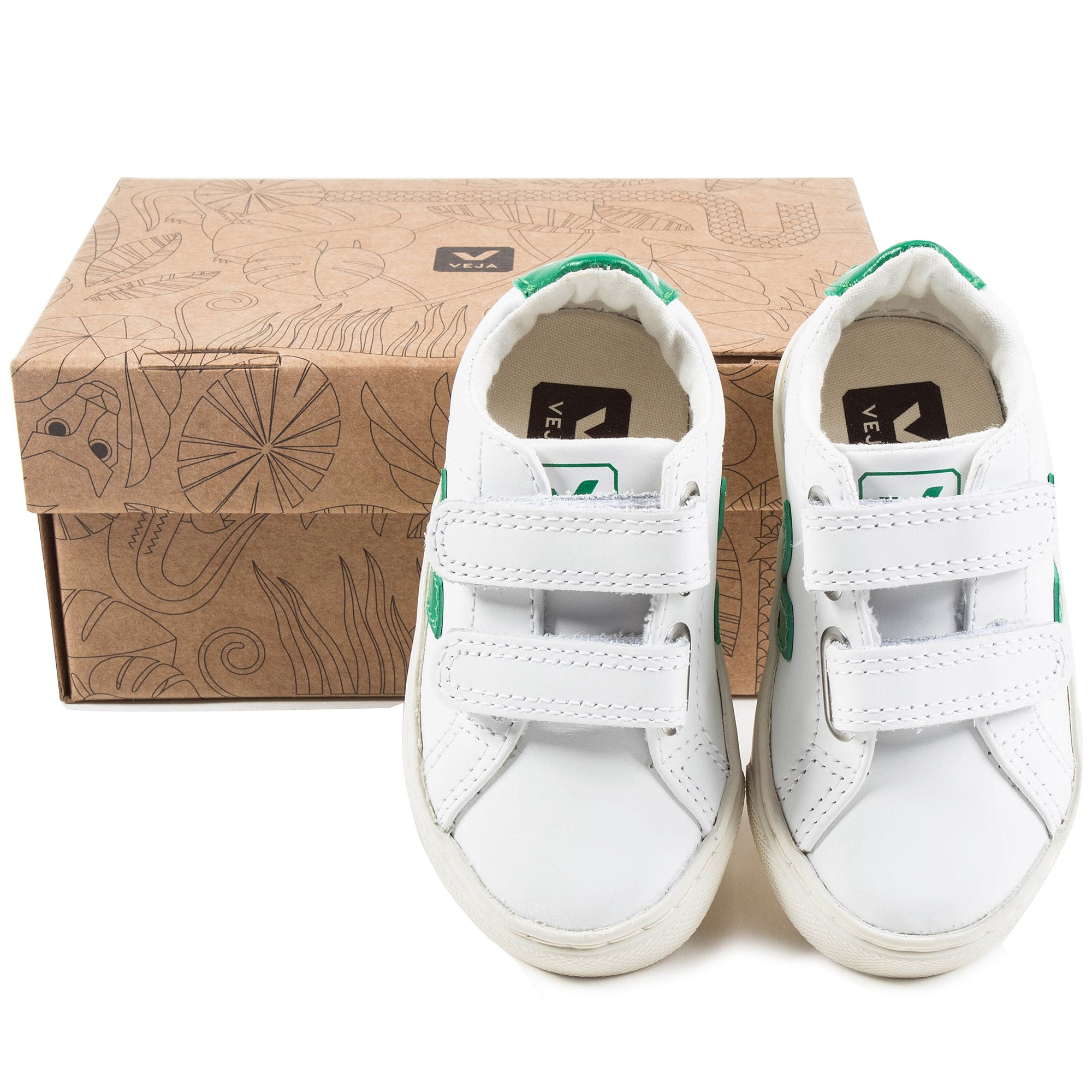 Baby  White   Leather Velcro   With  Green  "V" Shoes