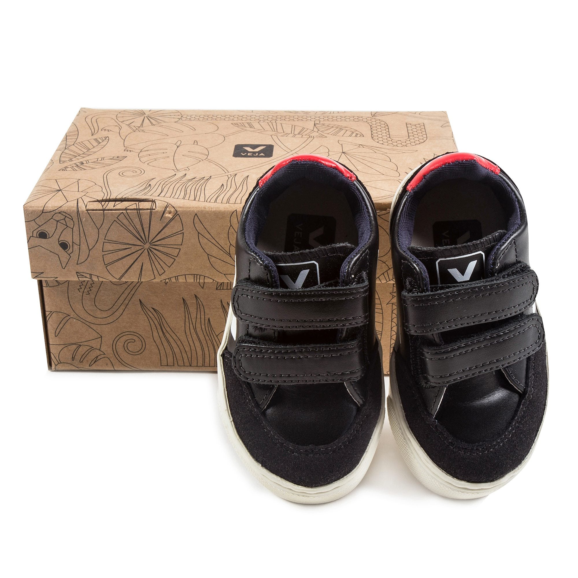Baby  Boys  Black   Leather Velcro   With  White  "V" Shoes