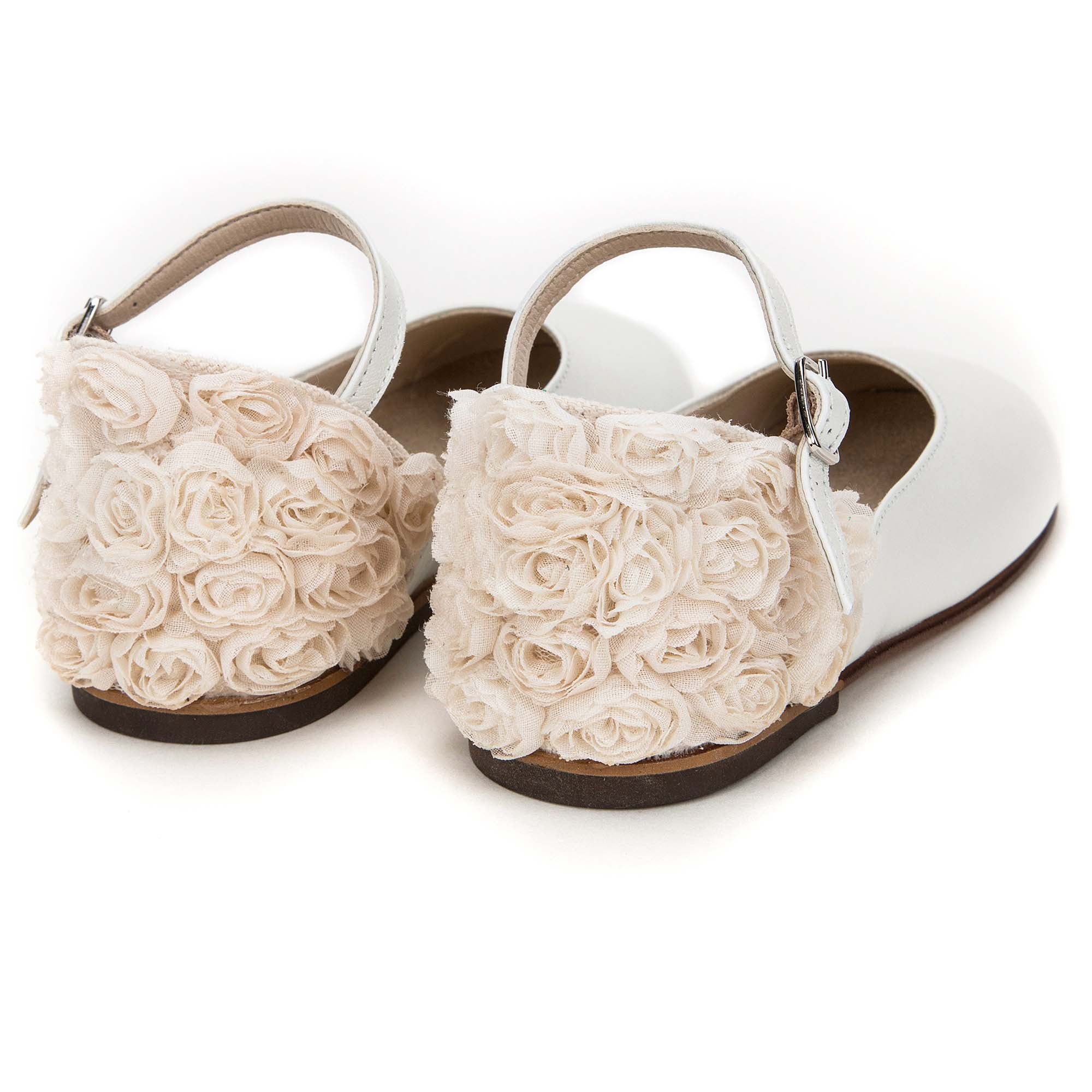 Girls Ivory Chiffon Flowers Embellished Heel Leather Ballerinas