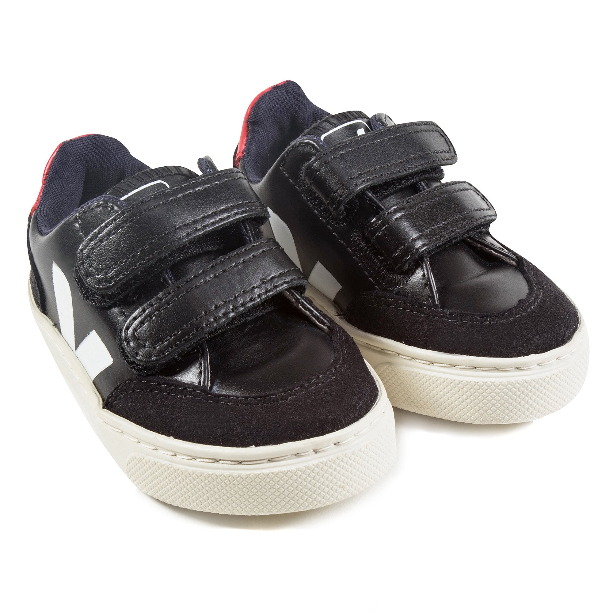 Baby  Boys  Black   Leather Velcro   With  White  "V" Shoes