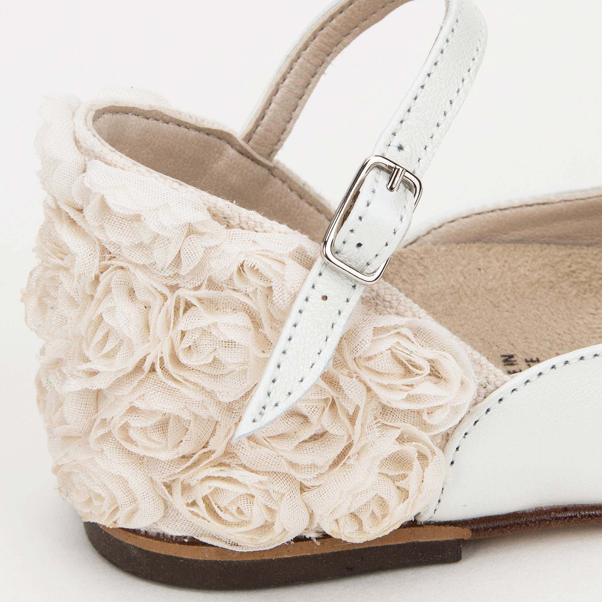 Girls Ivory Chiffon Flowers Embellished Heel Leather Ballerinas