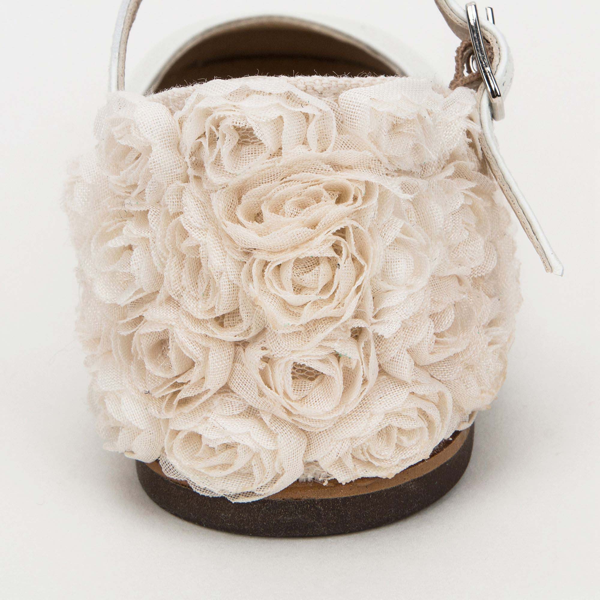 Girls Ivory Chiffon Flowers Embellished Heel Leather Ballerinas