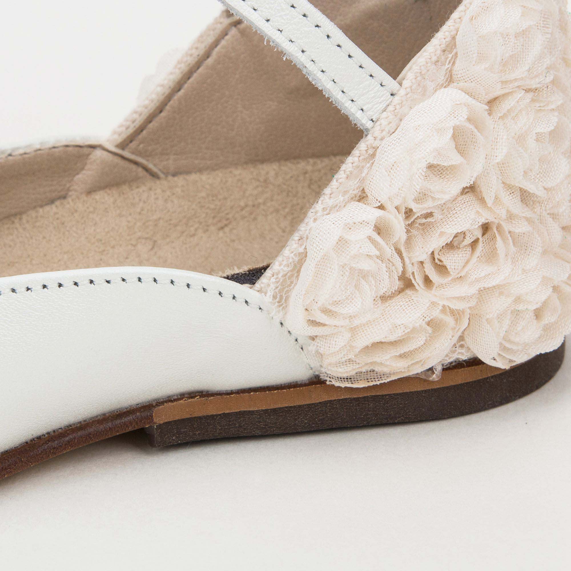 Girls Ivory Chiffon Flowers Embellished Heel Leather Ballerinas