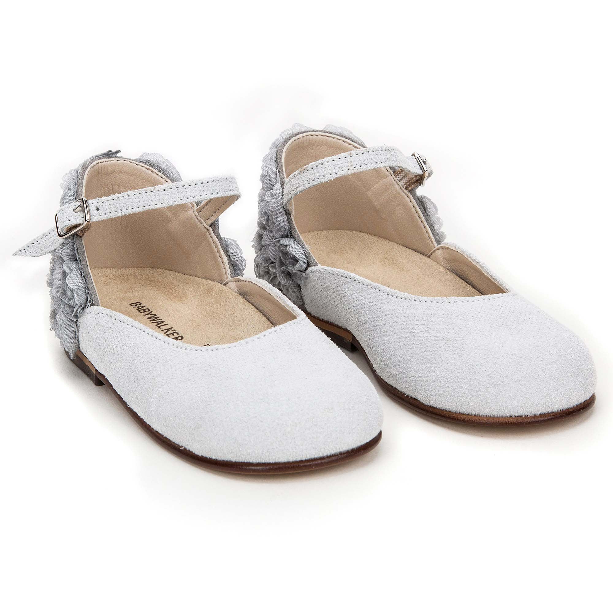 Girls Grey Chiffon Flowers Embellished Heel Leather Ballerinas