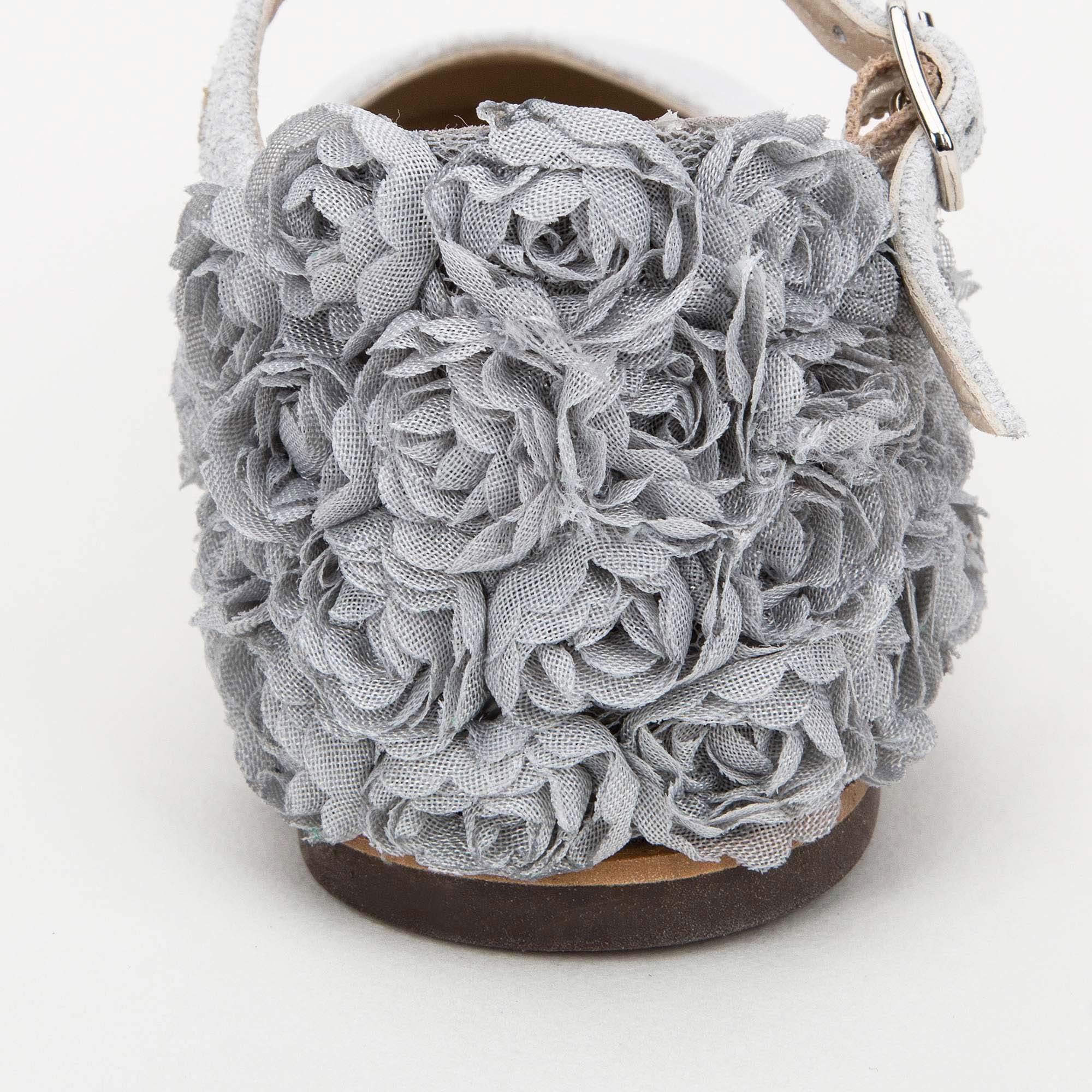 Girls Grey Chiffon Flowers Embellished Heel Leather Ballerinas