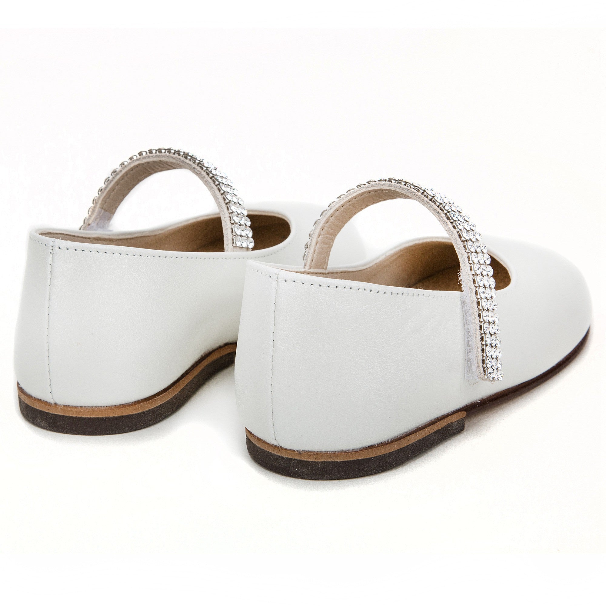 Baby Girls Ivory Leather Shoes With White Diamond Trims