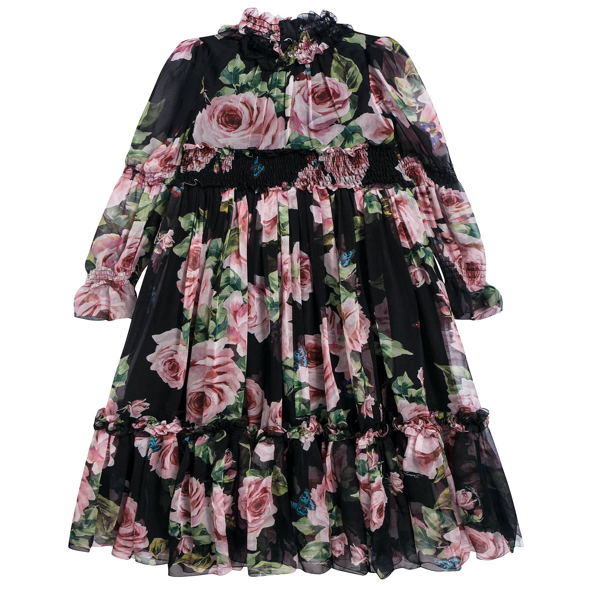 Girls Black Rose Silk Chiffon Dress