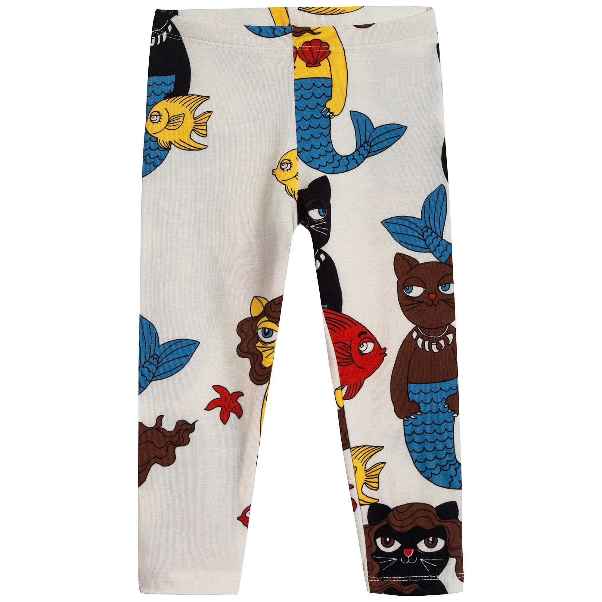 Girls Off White Cotton Cat Mermaid Leggings