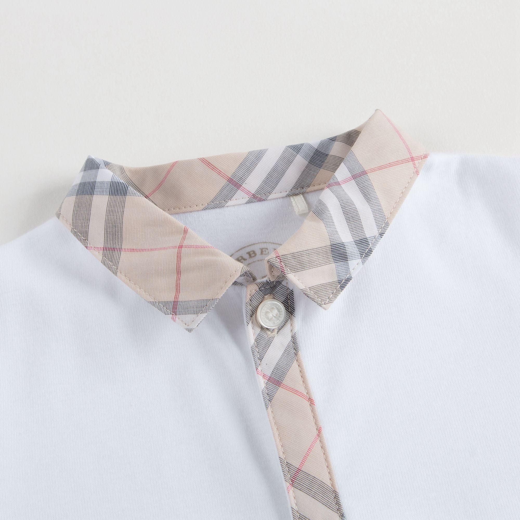 Baby White Cotton Babysuit With Check Collar