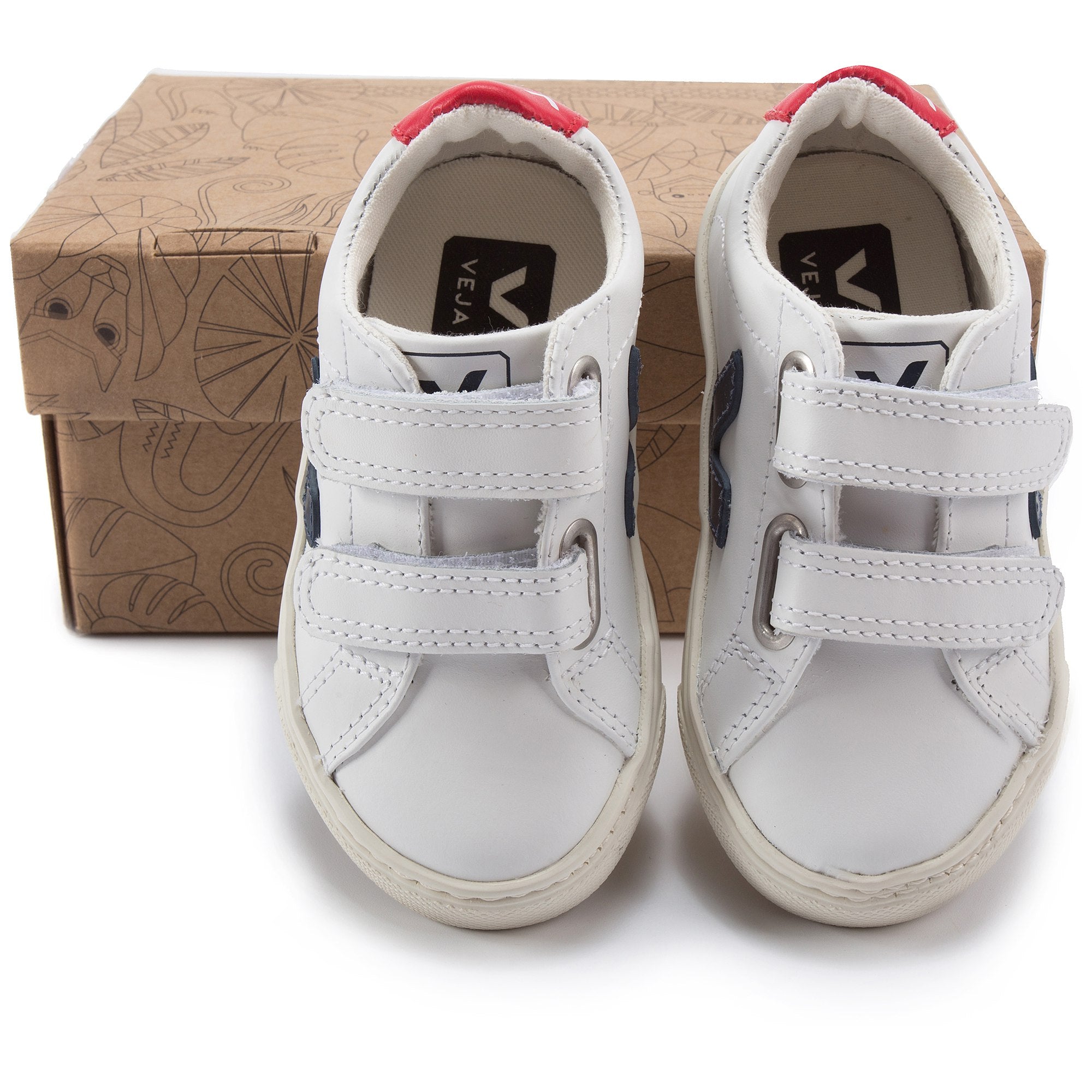 Baby White Leather Velcro With Blue "V" Shoes