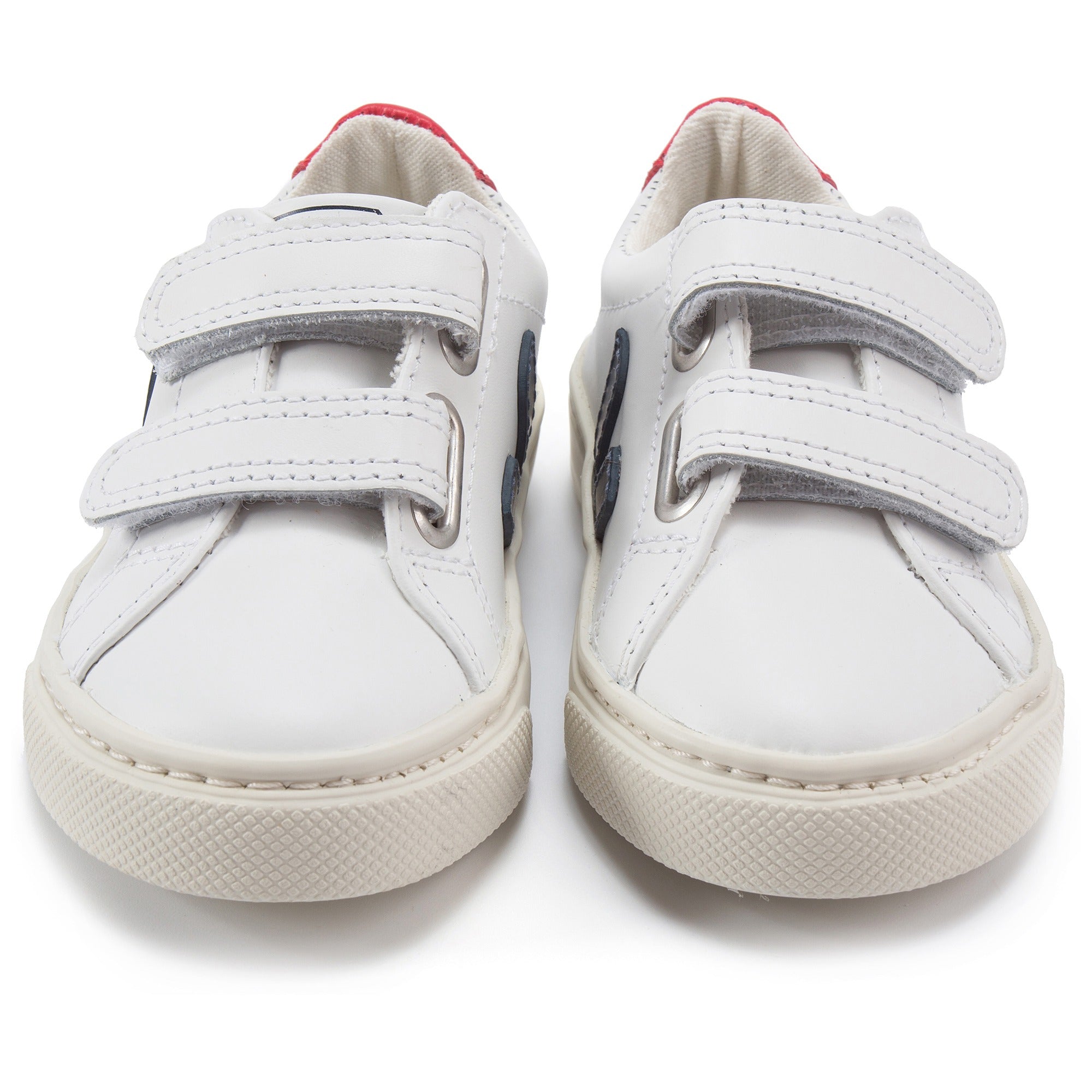 Girls & Boys White Leather Velcro With Blue "V" Shoes