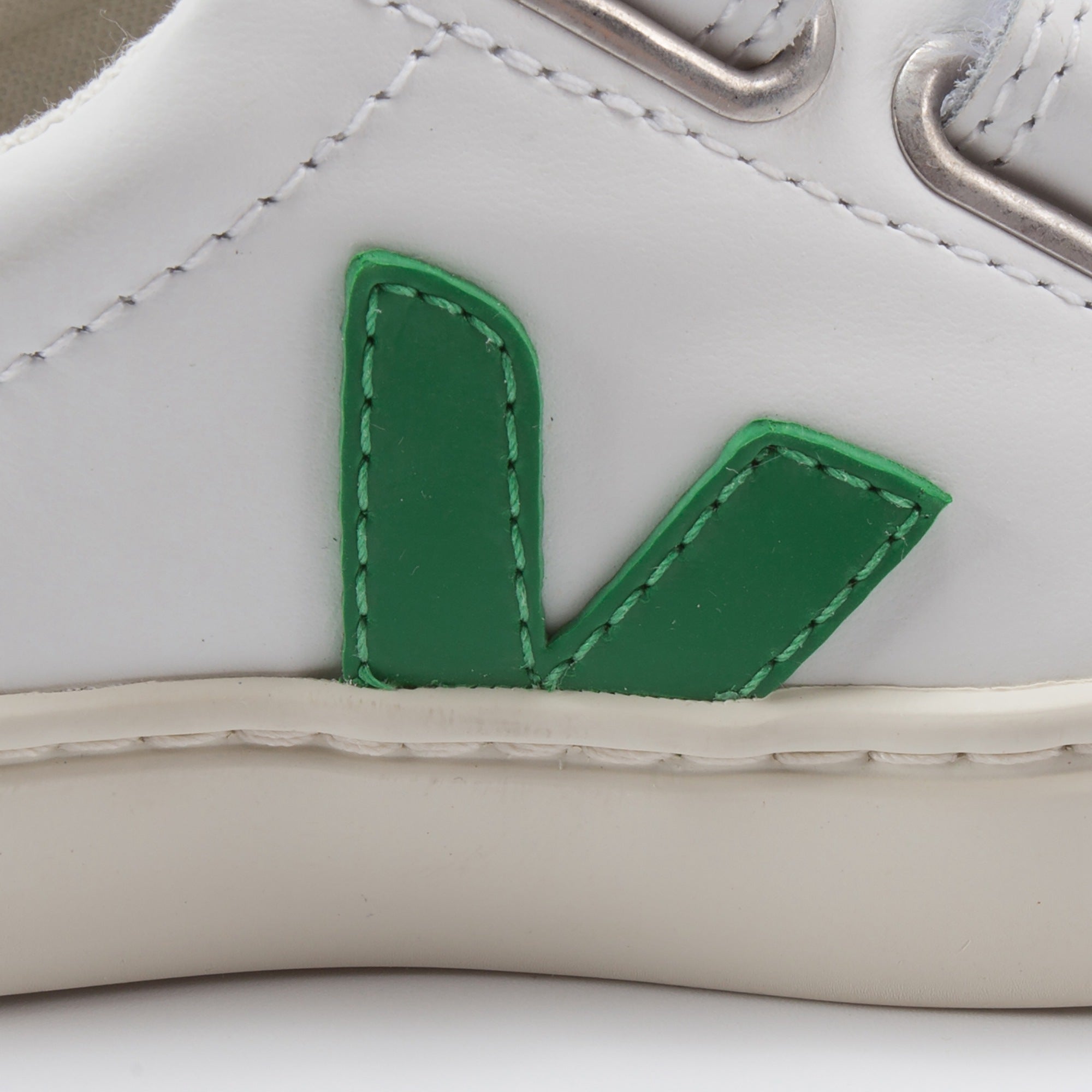 Girls & Boys White Leather Velcro With Green "V" Shoes