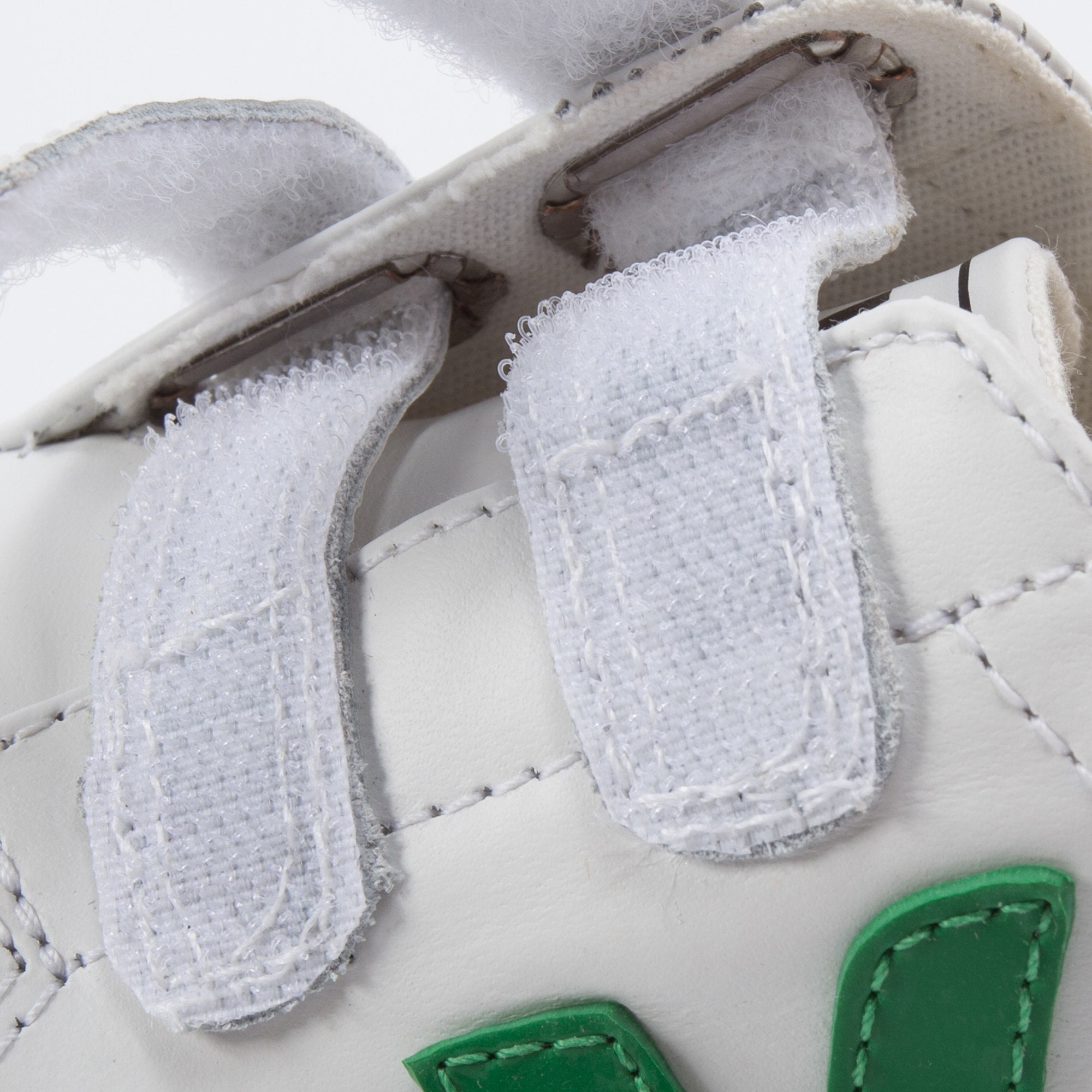 Girls & Boys White Leather Velcro With Green "V" Shoes
