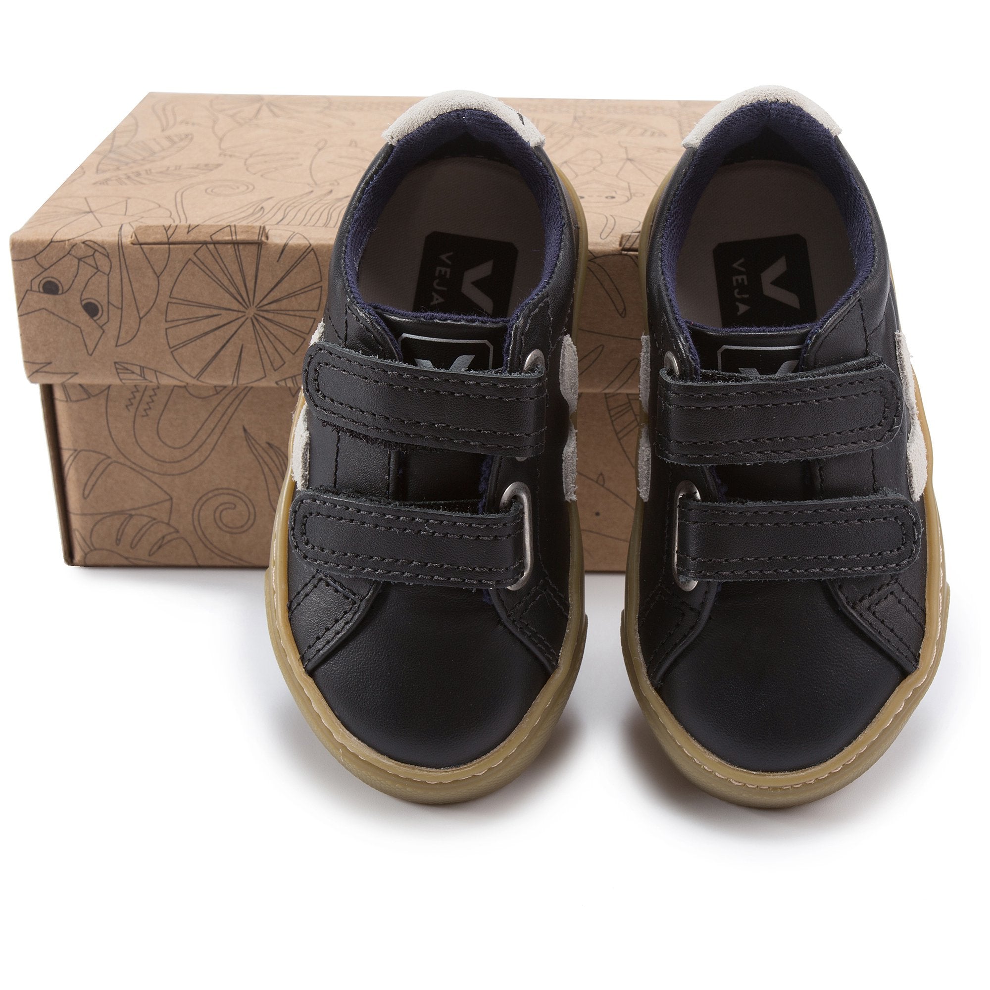 Baby Black Leather Velcro With White "V" Shoes