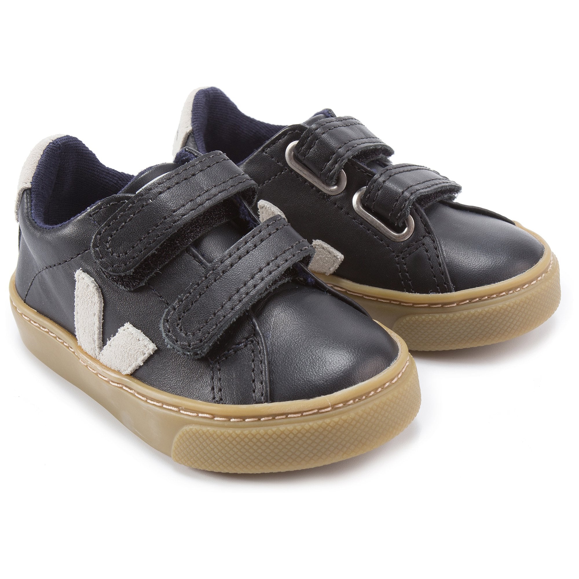 Baby Black Leather Velcro With White "V" Shoes