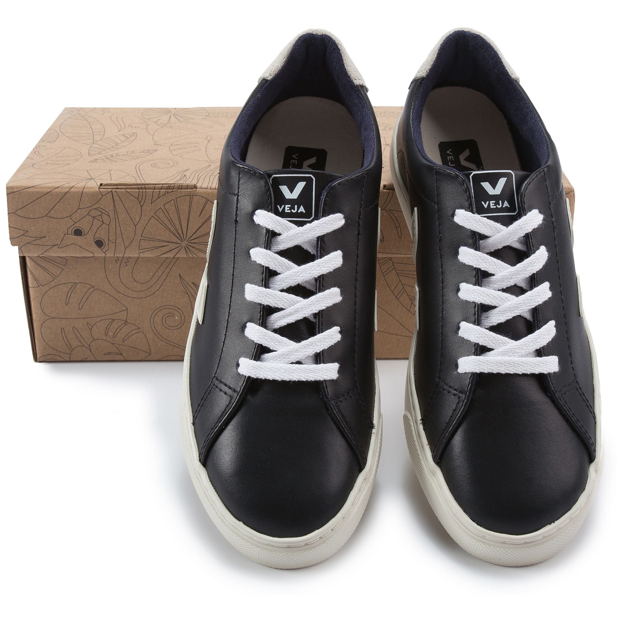 Girls & Boys Black Leather Velcro With White "V" Shoes