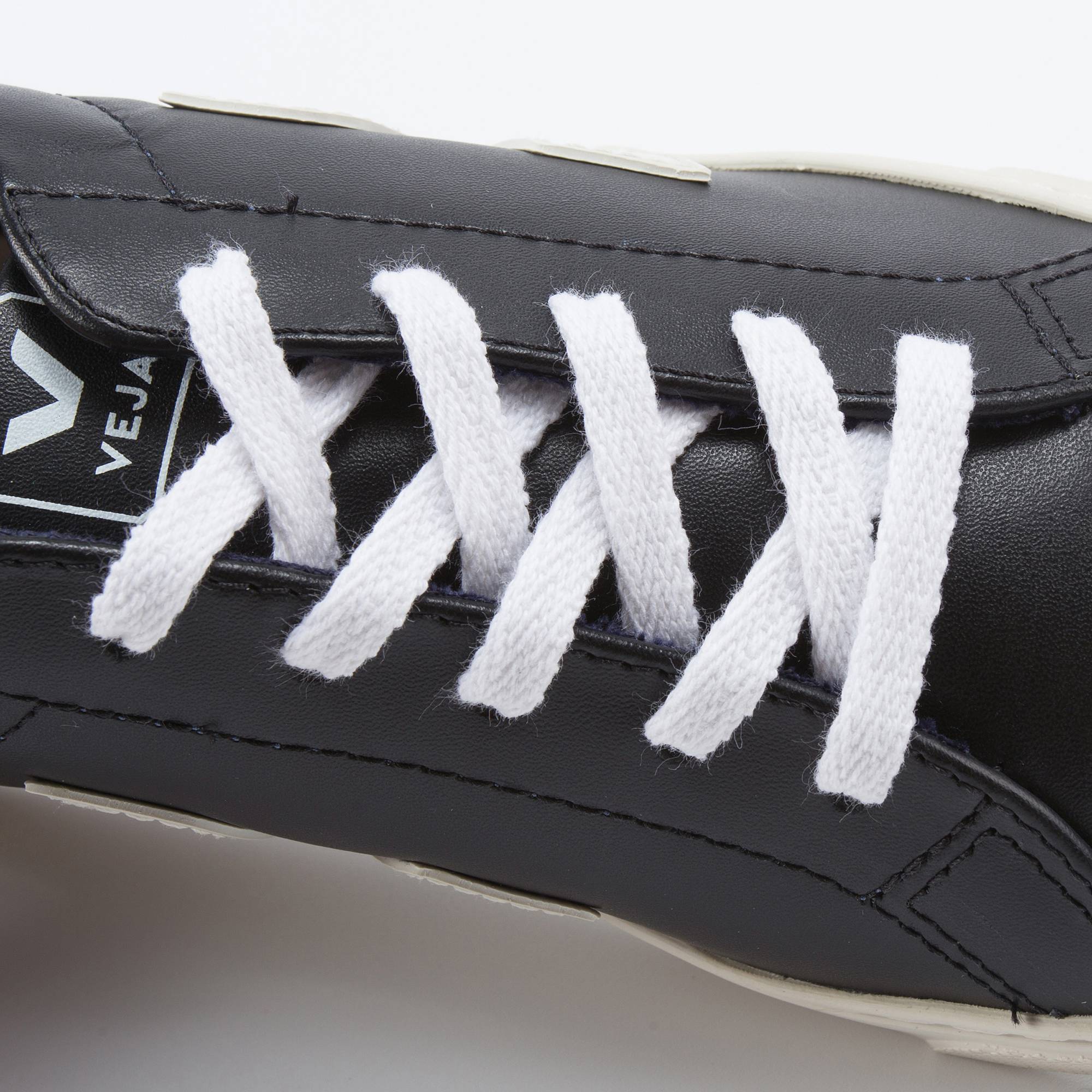 Girls & Boys Black Leather Velcro With White "V" Shoes