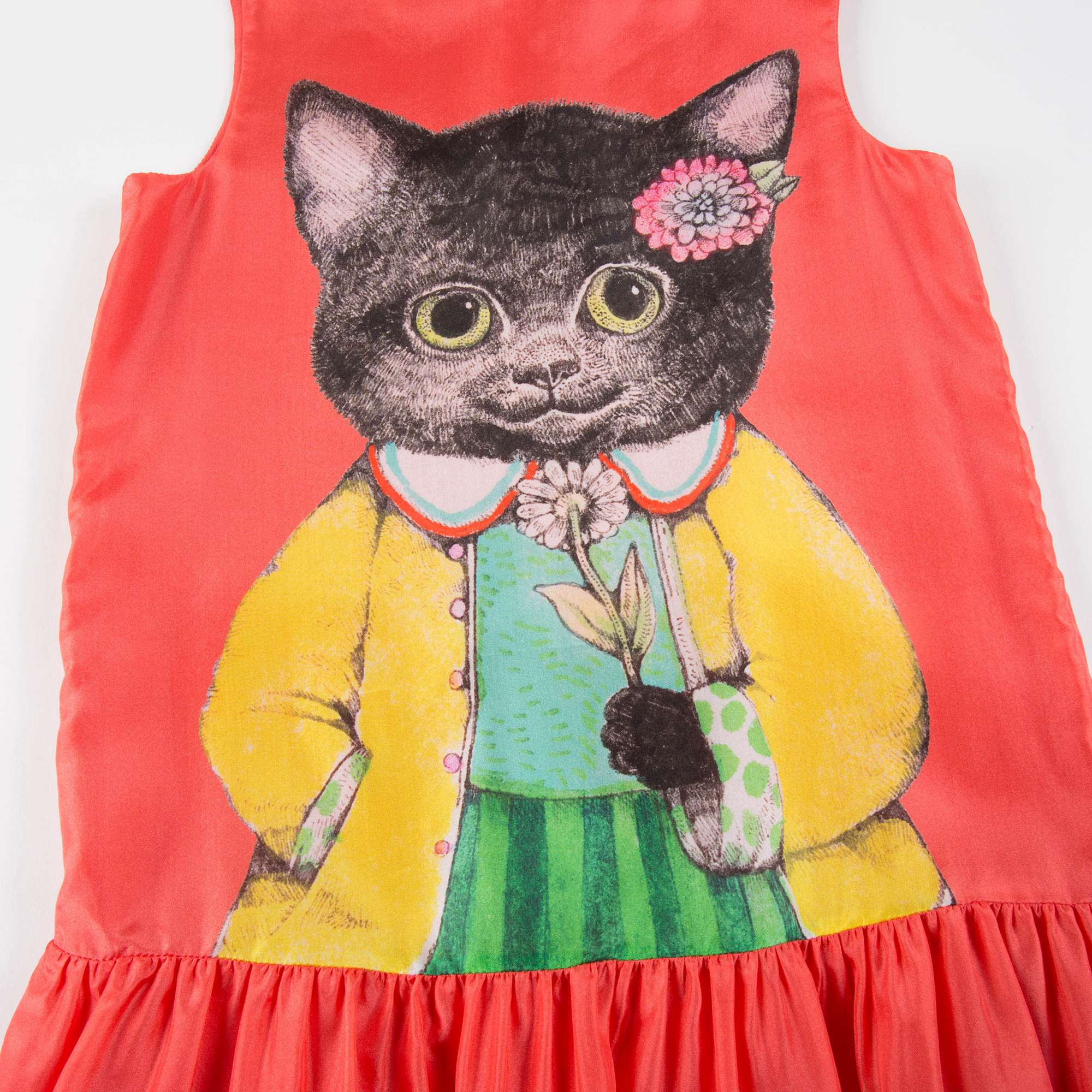 Girls Light Coral Printed Cat Silk Dress