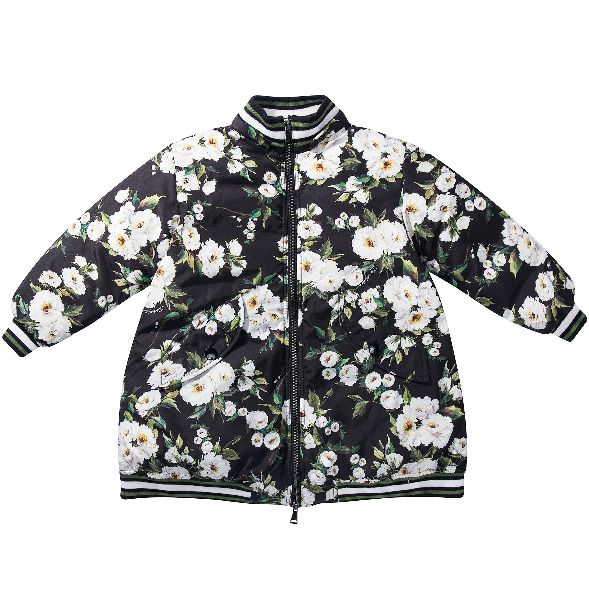 Girls Black  Rose Print Down Filled Coat