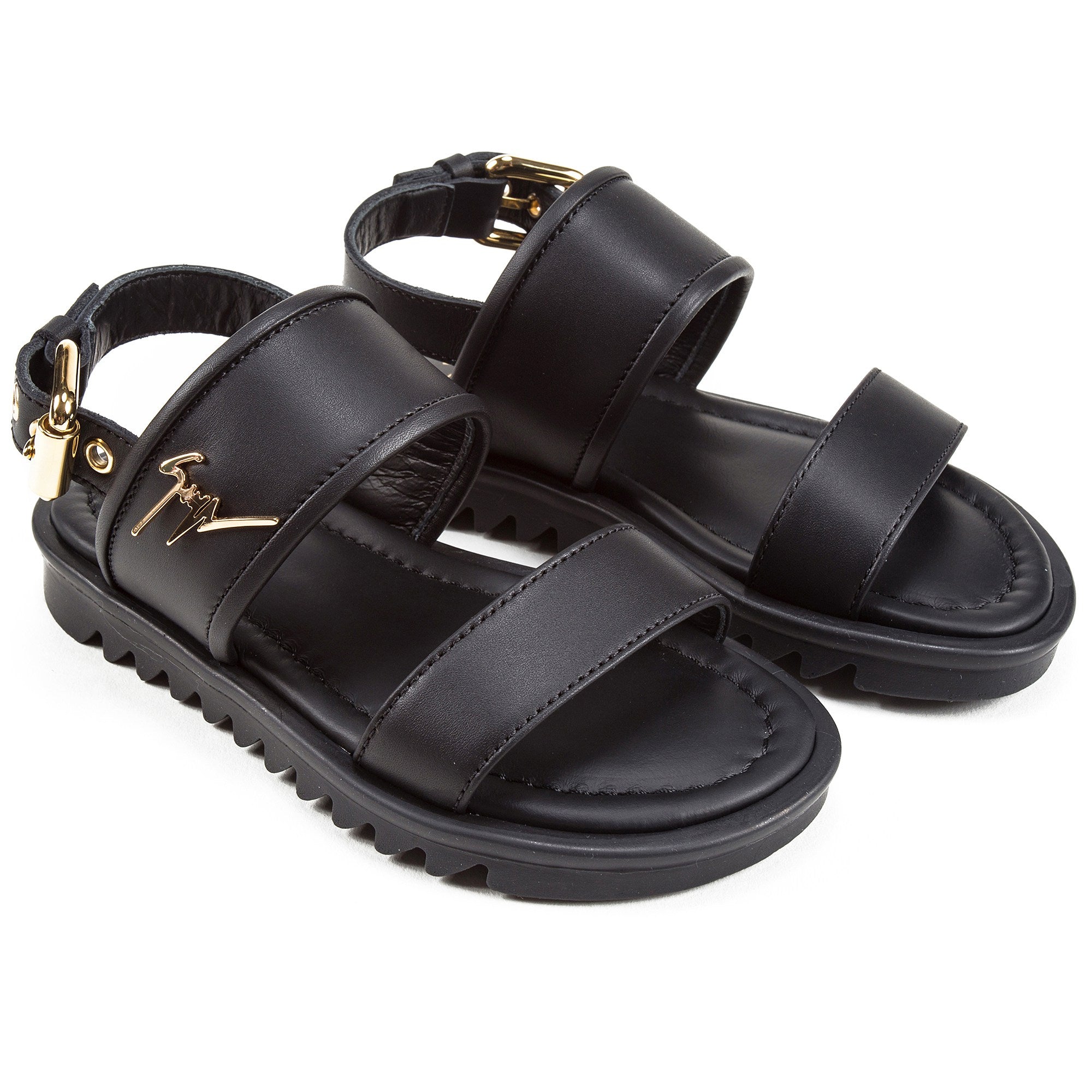 Girls & Boys Black Calf Leather Sandal