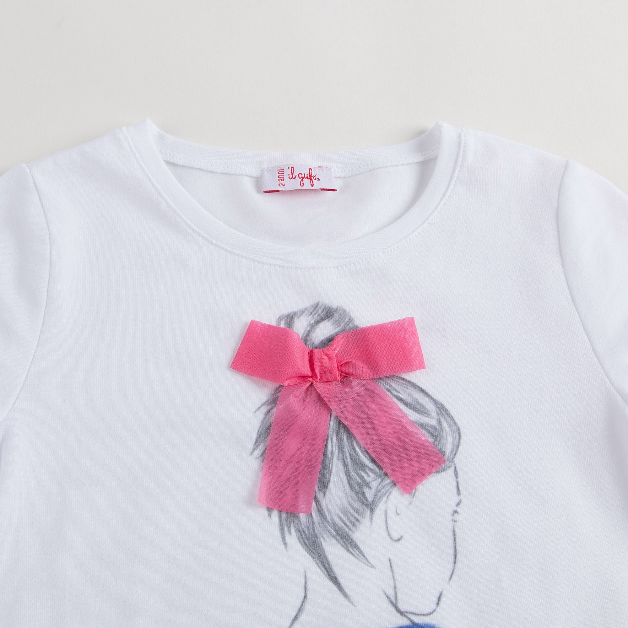 Girls White Cotton Jersey T-Shirt With Dark Pink Bow - CÉMAROSE | Children's Fashion Store - 3